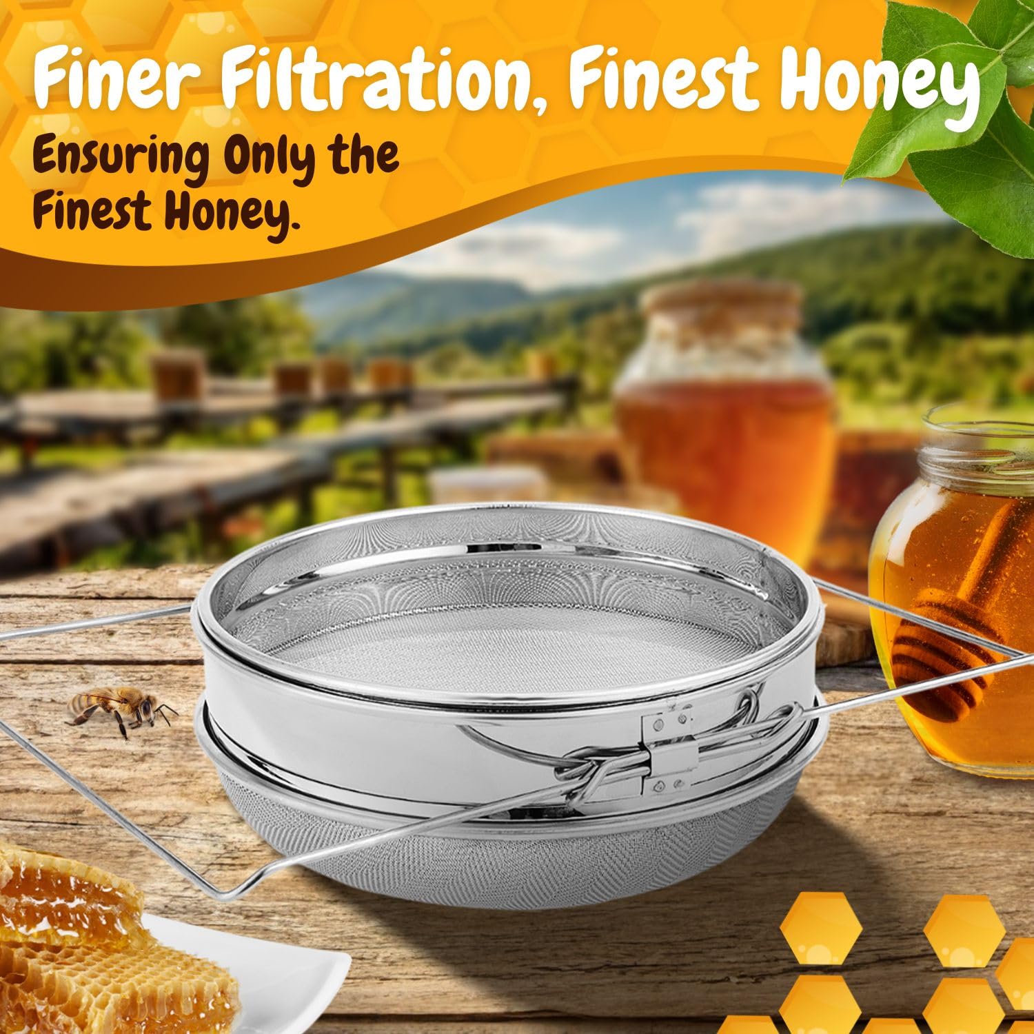 Flexzion Colador de Miel de Acero Inoxidable, Filtro de Doble Capa con Brazos Extensibles, Mallas Finas/Gruesas Filtran el Polen de Abeja, Impurezas, Equipo Esencial de Apicultura