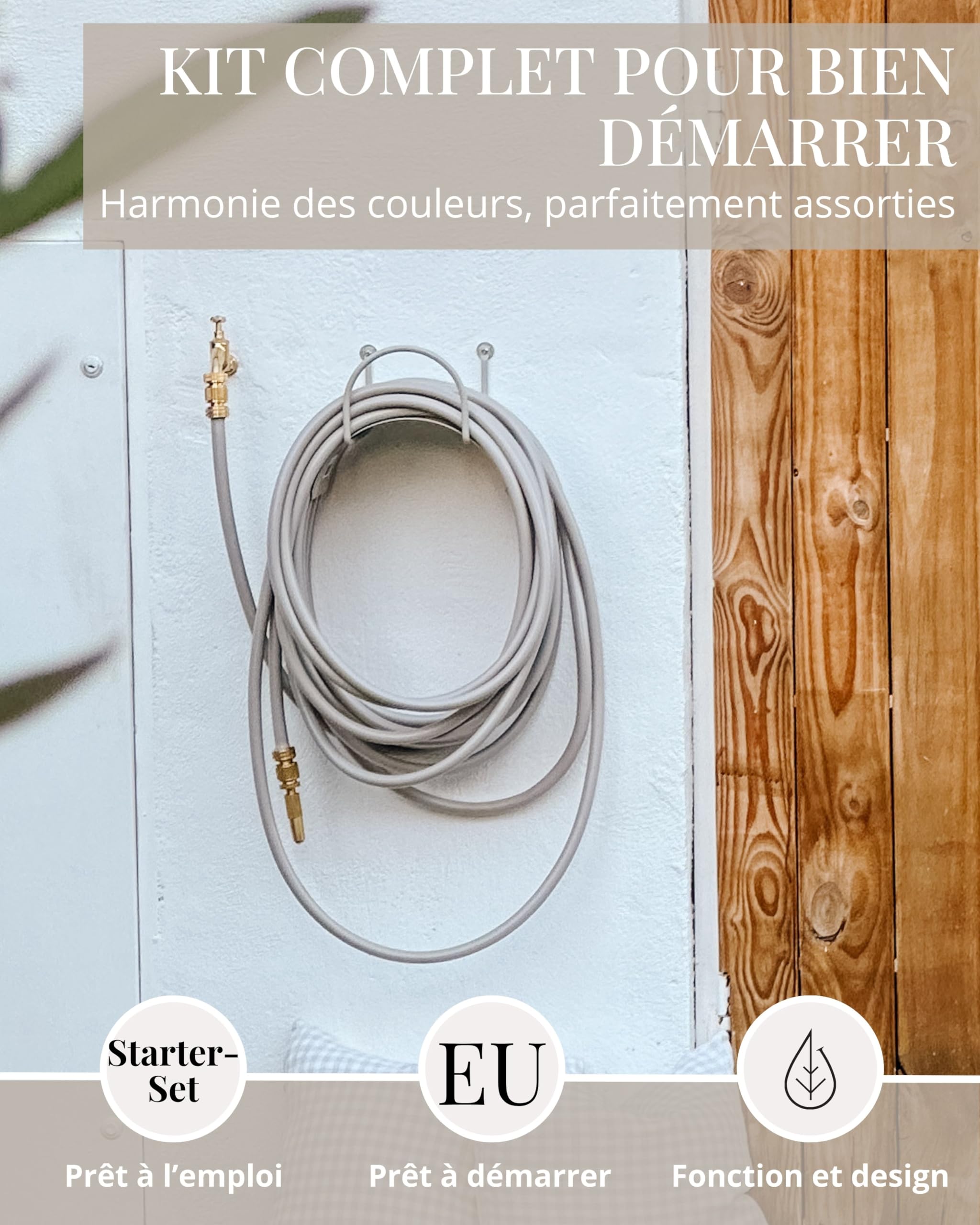 LIVLIG Kit complet d'arrosage de jardin de 30 m avec tuyau d'arrosage de 1/2", support mural en acier et pulvérisateur de jardin en laiton – Kit de tuyau avec raccords, longueur 30 m