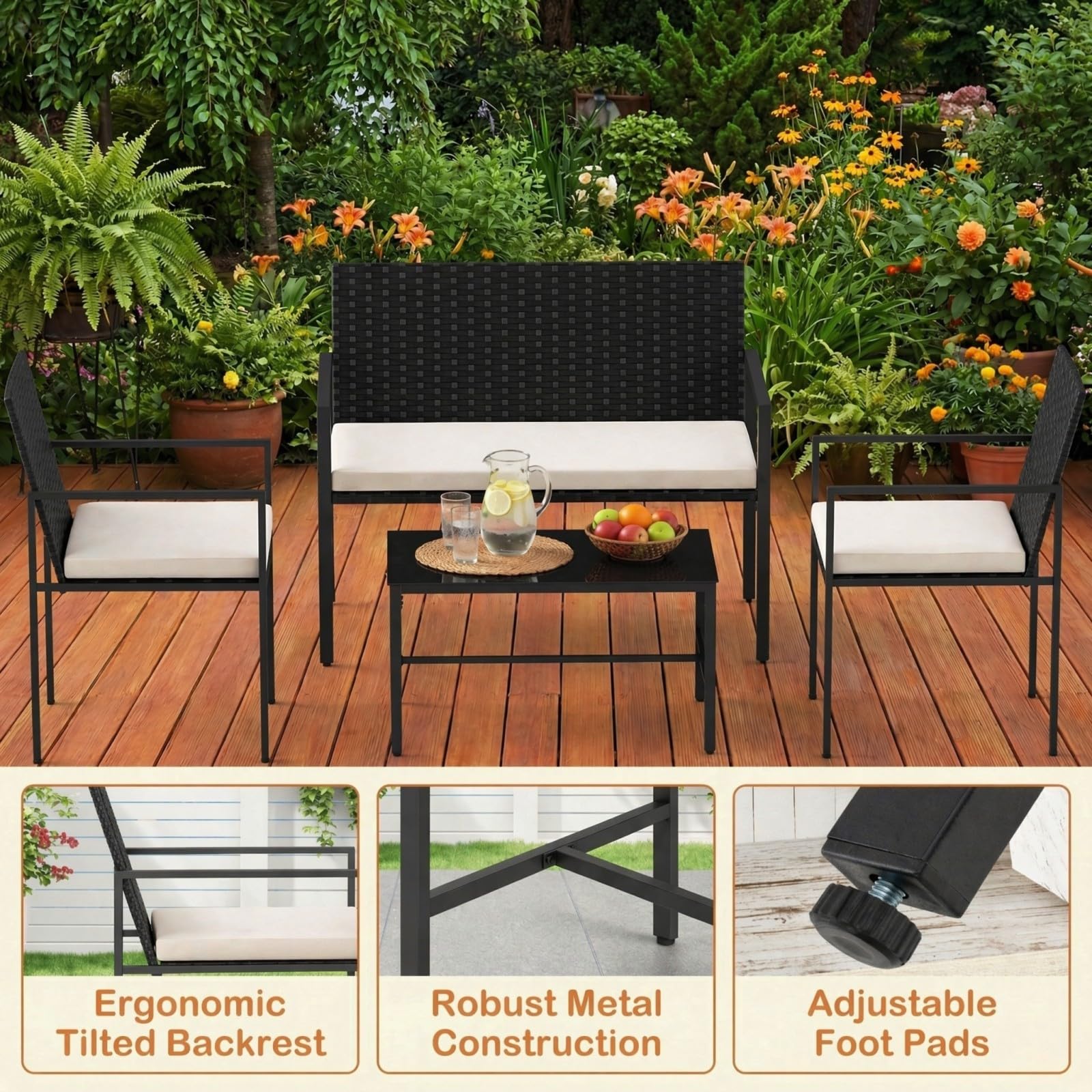 GIANTEX Set di Mobili da Giardino in Rattan per 4 Persone, Composto da 2 Poltrone e Tavolo in Vetro Temperato, Mobili Multiuso per Balcone, Terrazza e Veranda