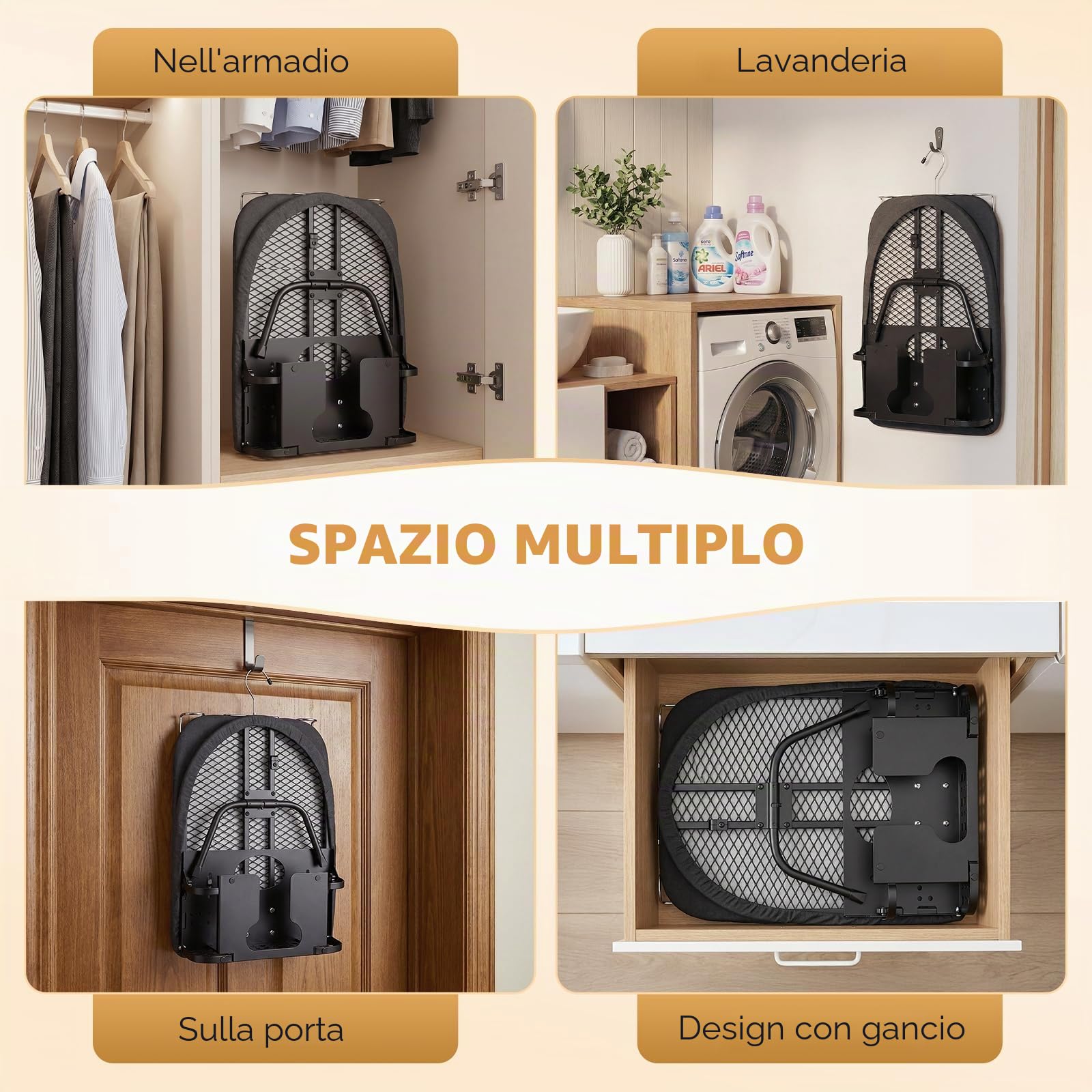 Asse da stiro pieghevole con poggiaferro e supporto, mini asse da stiro pieghevole con piedini antiscivolo e rivestimento termoresistente, compatto 82,5 x 31,5 cm, salvaspazio rivestimento in cotone