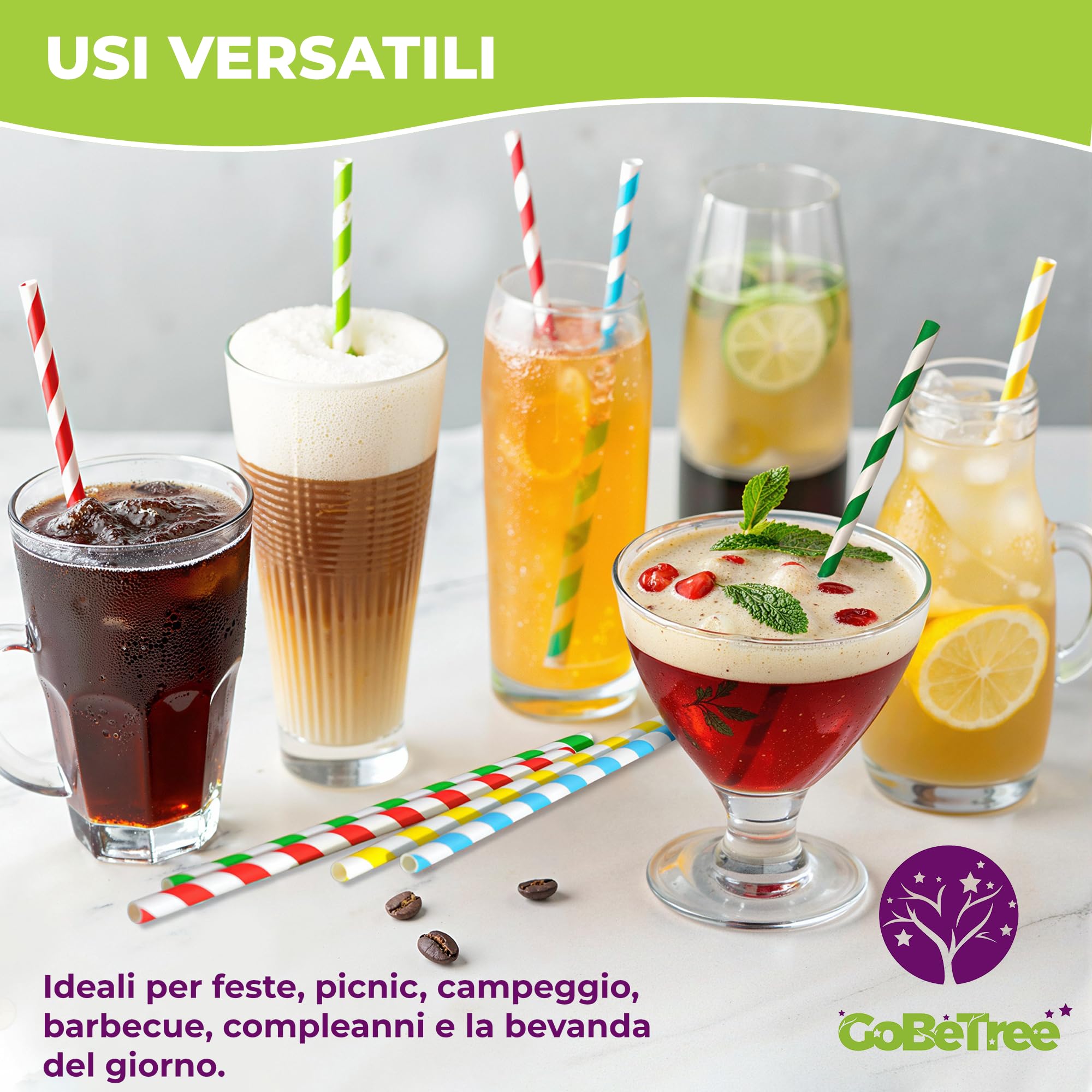 GoBeTree 300 Cannucce Carta Colorate Monouso. Cartoncino Multistrato per Feste e Cocktail, Cannucce di Carta per Granite, Frullati e Mojito Colorati