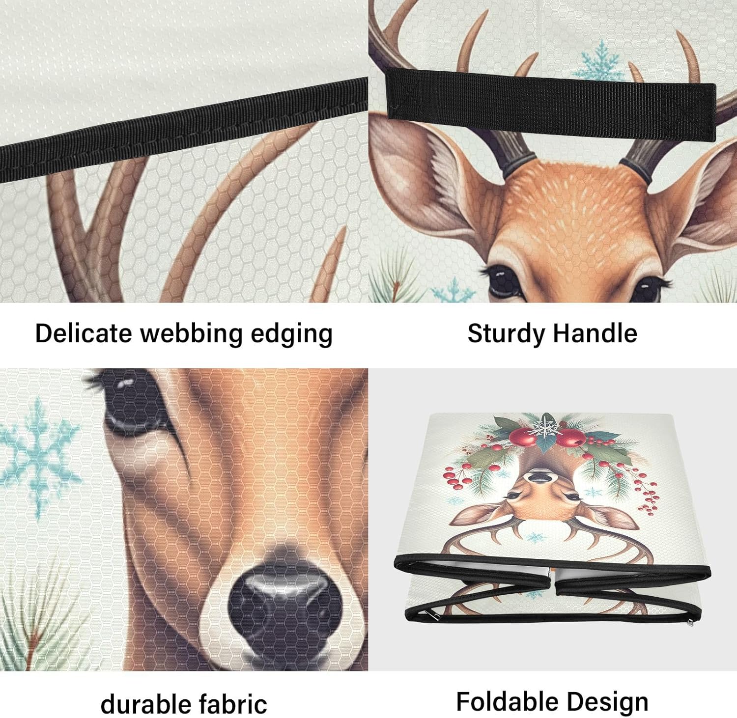 Deer Holiday Decor Ornament Storage Box - Holds up to 64 Holiday Ornaments with Adjustable Dividers - 13 Inch Fabric Organizer Cube with Lid and Handles for Christmas