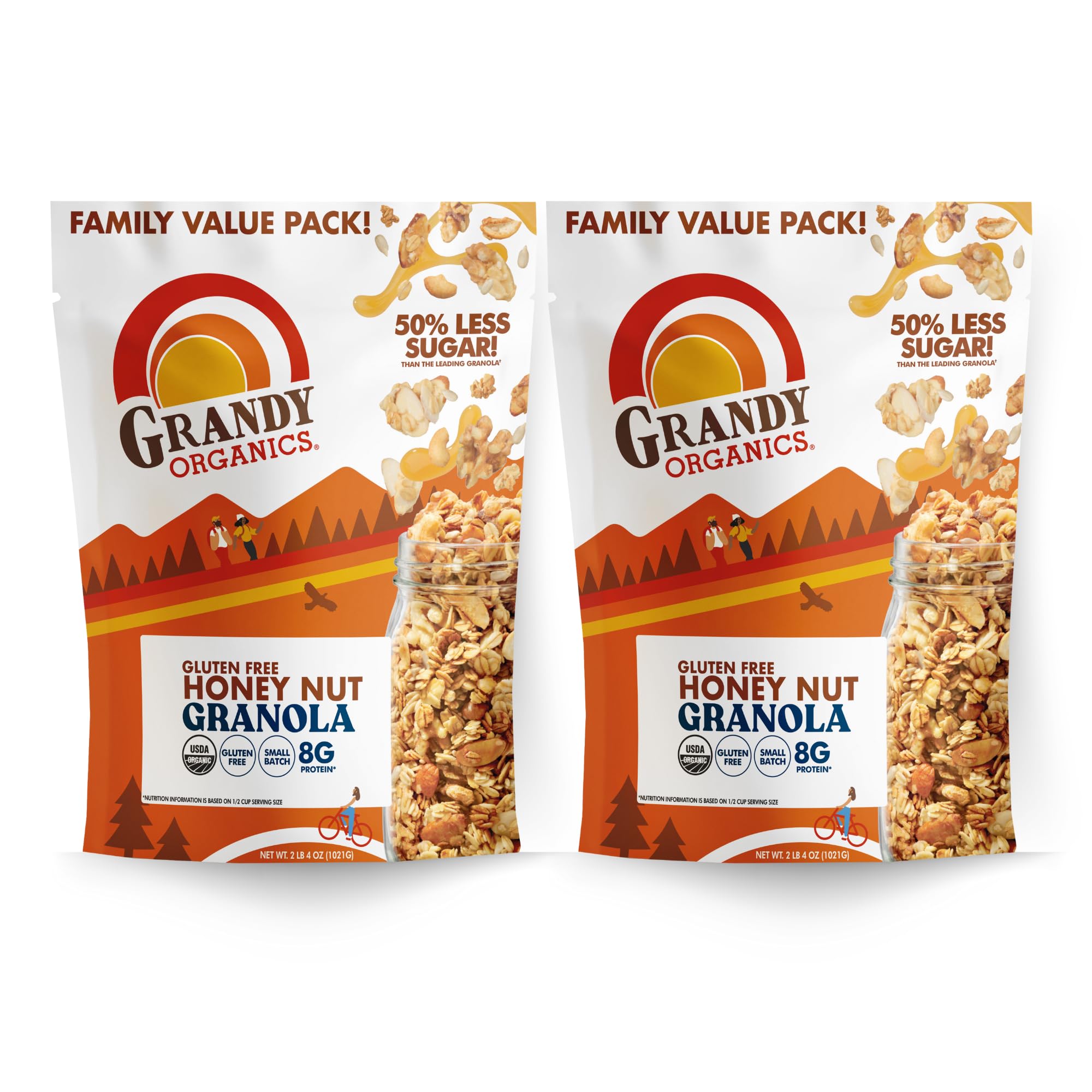 Grandy Organics Honey Nut Gluten Free Granola - Certified Organic, Non-GMO, Lower Sugar, Family Value Size 2 Pound Bags, Bulk Pack of 2