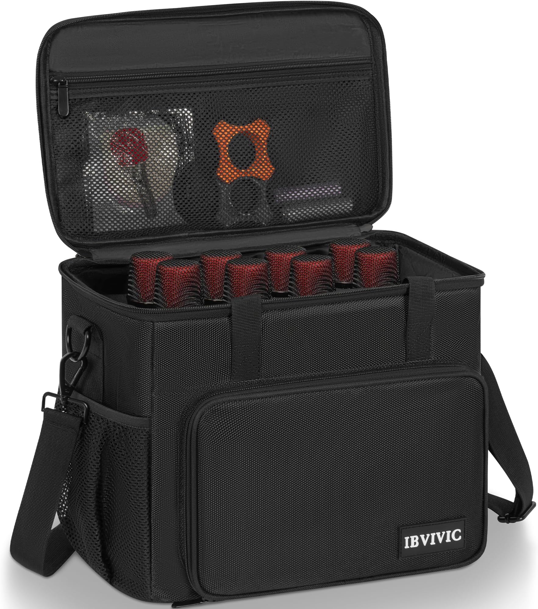 IBVIVIC 8 Slots Wireless Microphone Case with Foam, 1680D Heavy Duty Oxford Fabric Microphone Bag with Shoulder Strap, Black