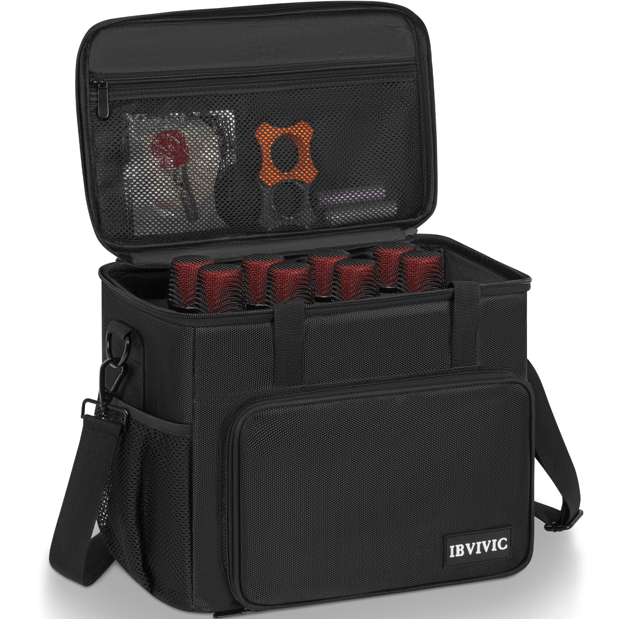 8 Slots Wireless Microphone Case with Foam, 1680D Heavy Duty Oxford Fabric Microphone Bag with Shoulder Strap, Black