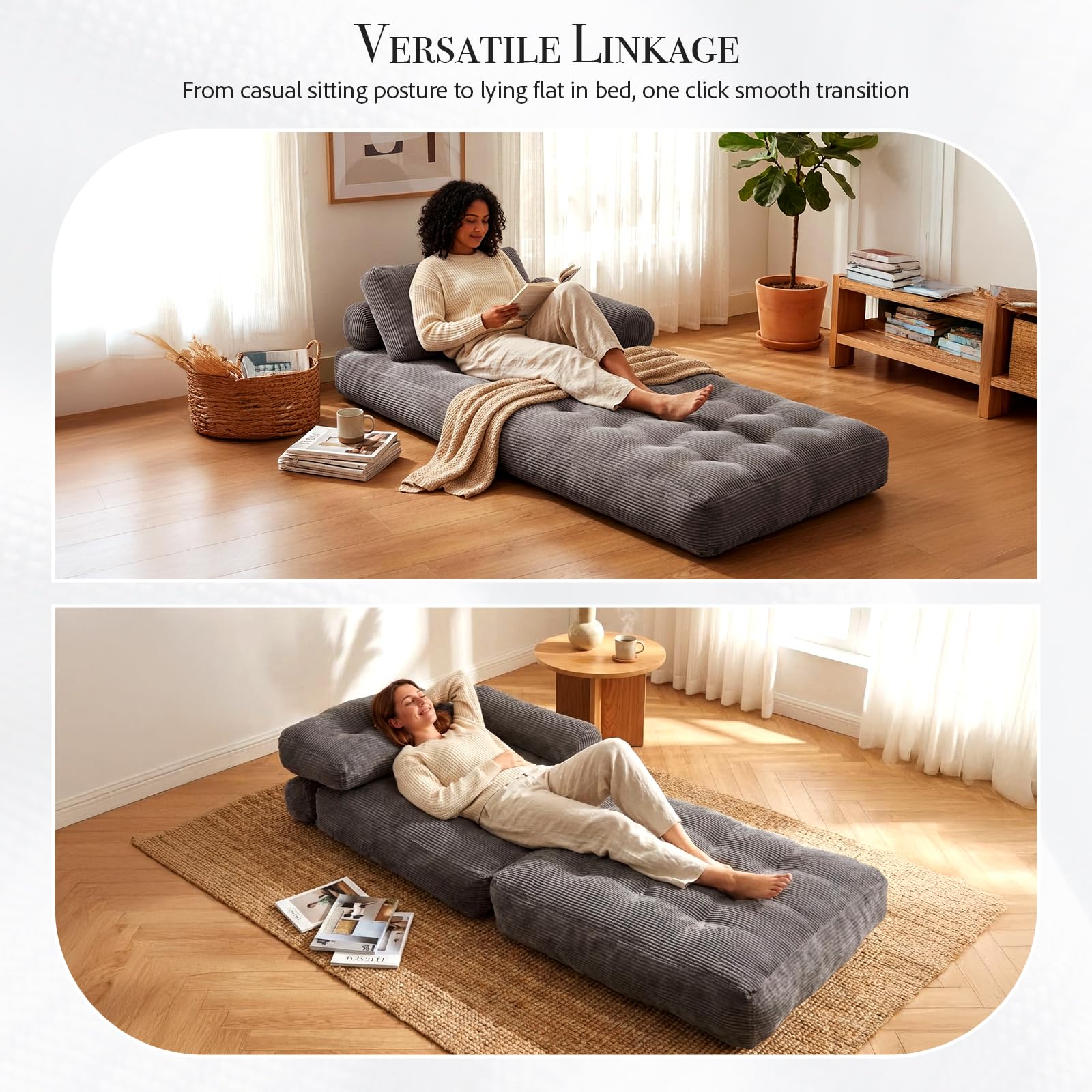Klappsofa Schlafsofa, 4-in-1 faltbares Sitzsack-Sofa mit verstellbaren Armlehnen, Boneless Couch als Gästebett, Gaming-Sessel & Lounge-Sofa für kleine Räume, Wohnheim (Grau)