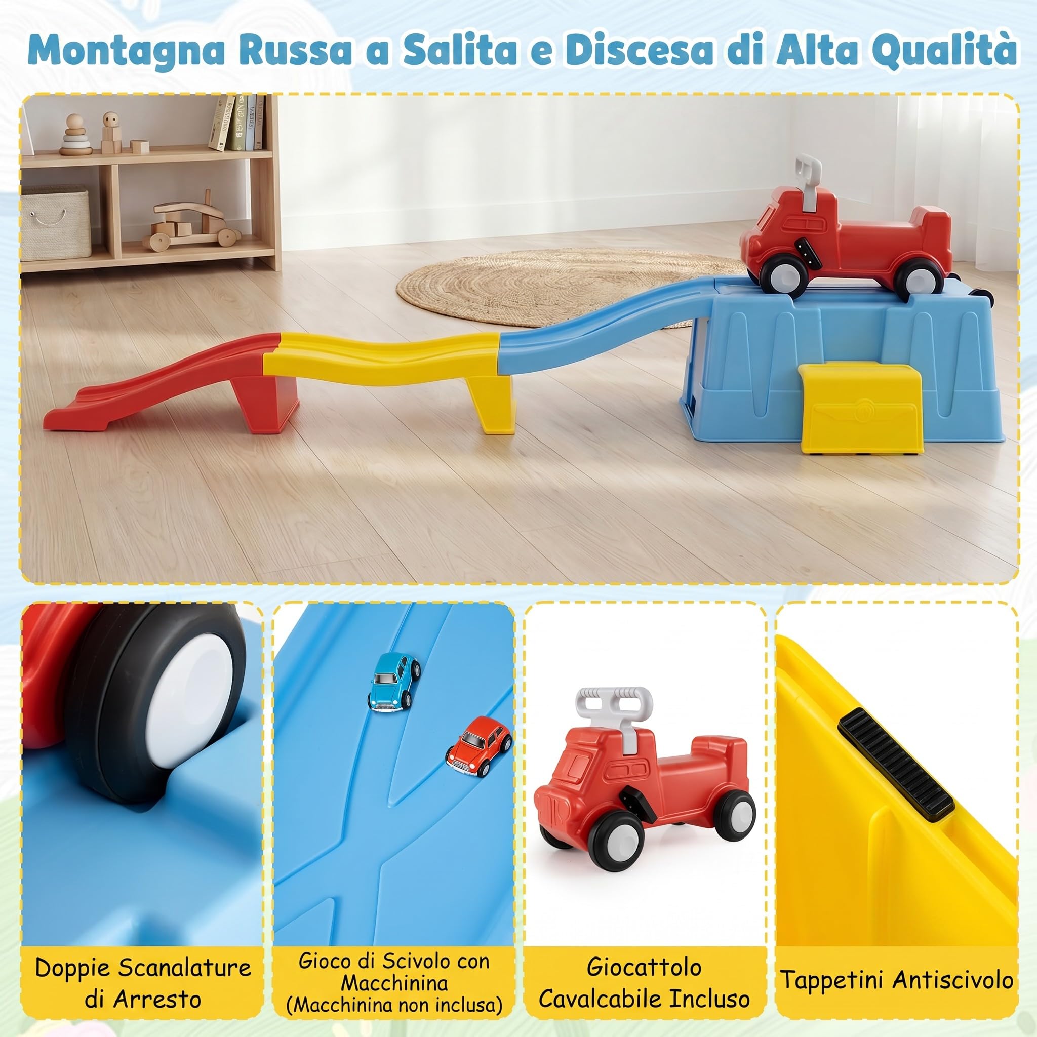 COSTWAY Macchina Cavalcabile con Scivolo, per Bambini 3 Anni+ (Blu) | Auto per Bambini con Scivolo e Vano Portaoggetti con Rotelle, Auto a Spinta per Interno ed Esterno , Portata 68 kg