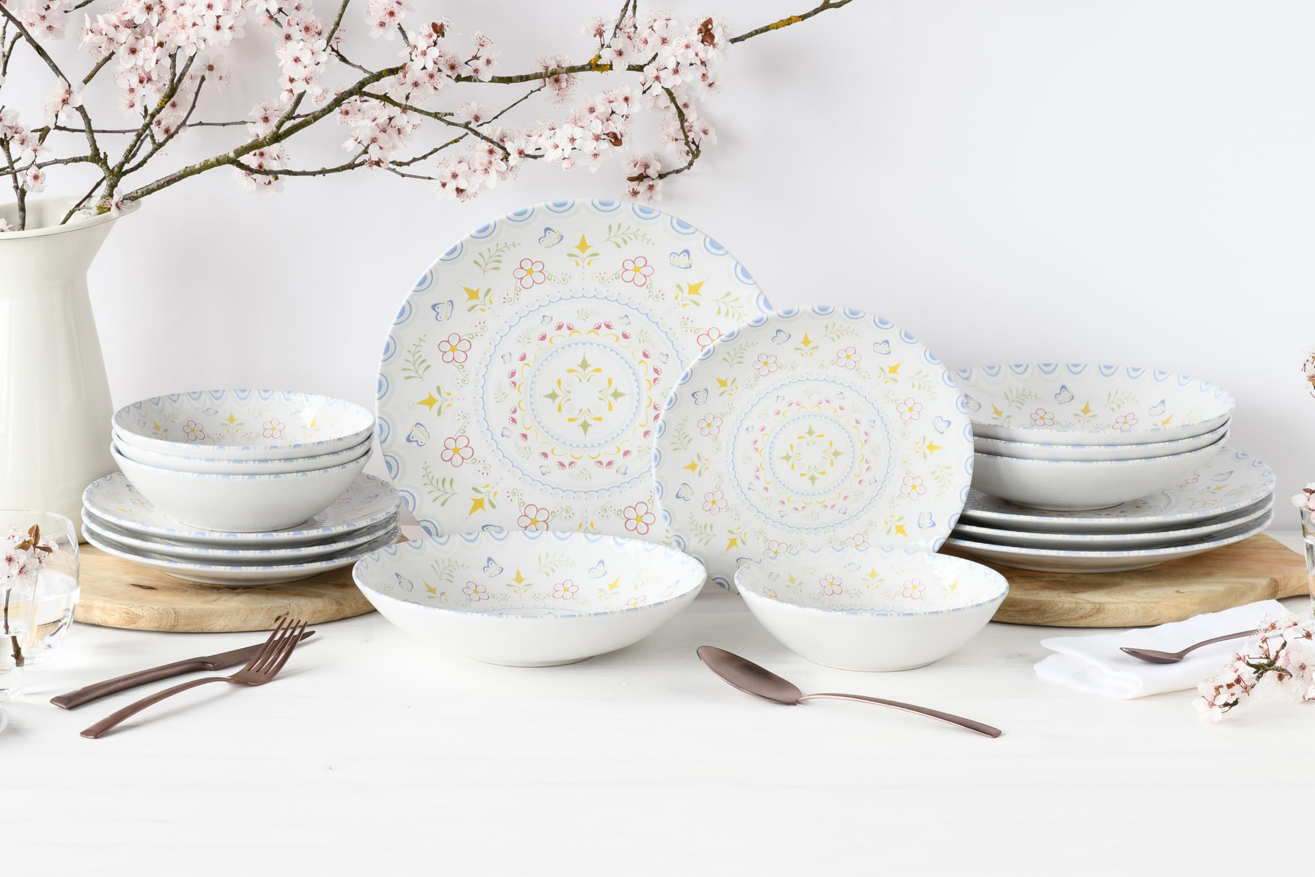 CreaTable, 24867, seria Primavera, 16-częściowy zestaw naczyń dla 4 osób, zestaw talerzy z kamionki, nadaje się do mycia w zmywarce i używania w kuchence mikrofalowej, wyprodukowano w Europie