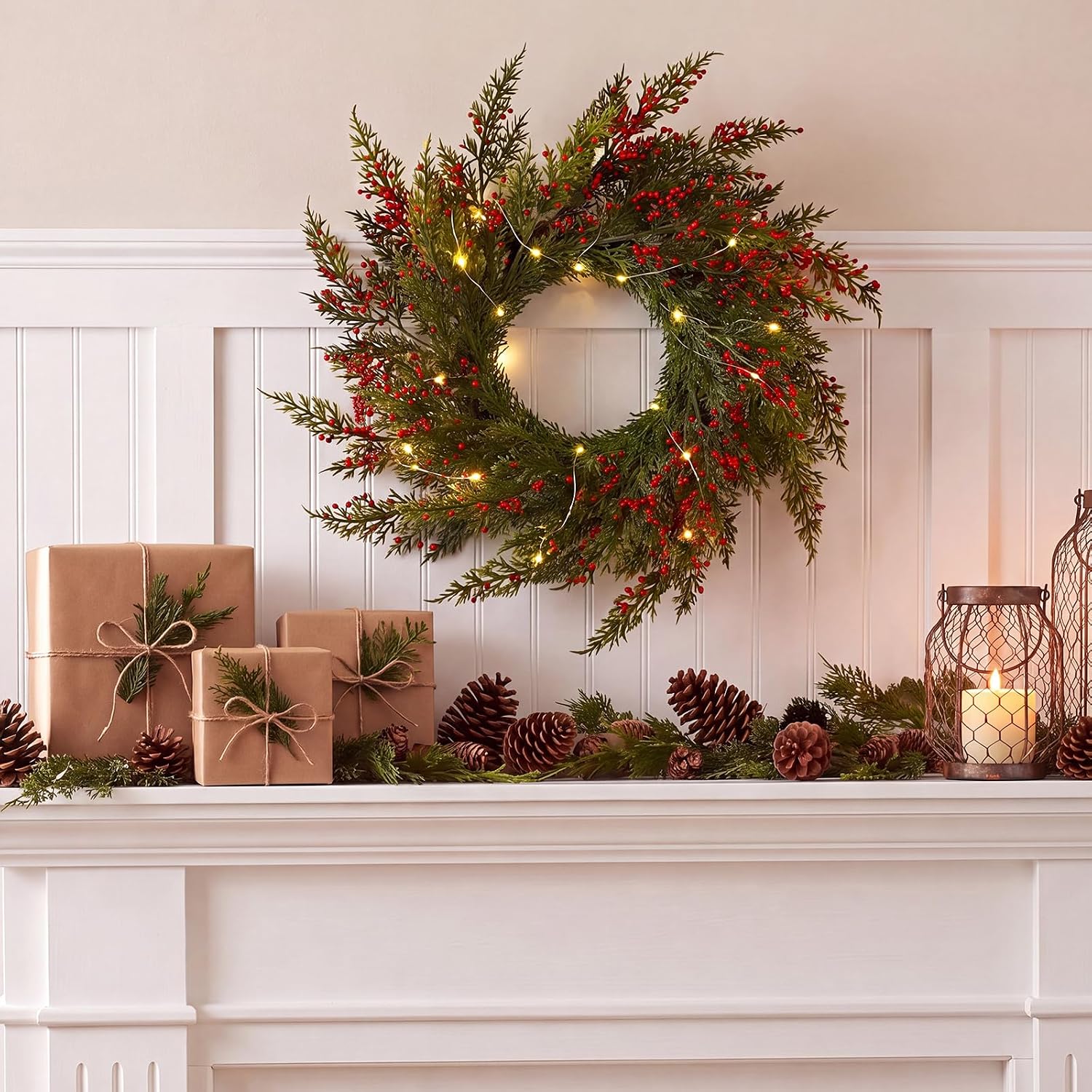 Dingion 18 Inch Christmas Wreath for Front Door with Red Artificial Berry