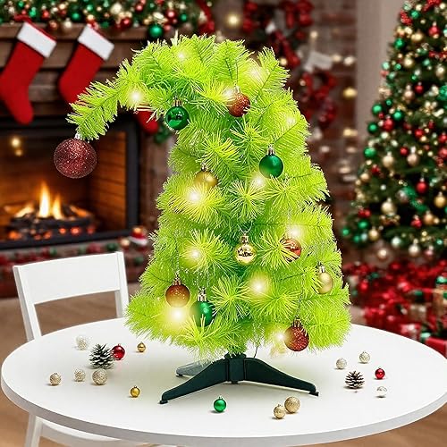 Mini Christmas Tree with Lights, 18in Small Pre-Lit Artificial Tabletop Tree for Desk Office Holiday Decor, Xmas Green Whimsical Tree for Small Space Christmas Decor Gifts,arbol de Navidad con Luces