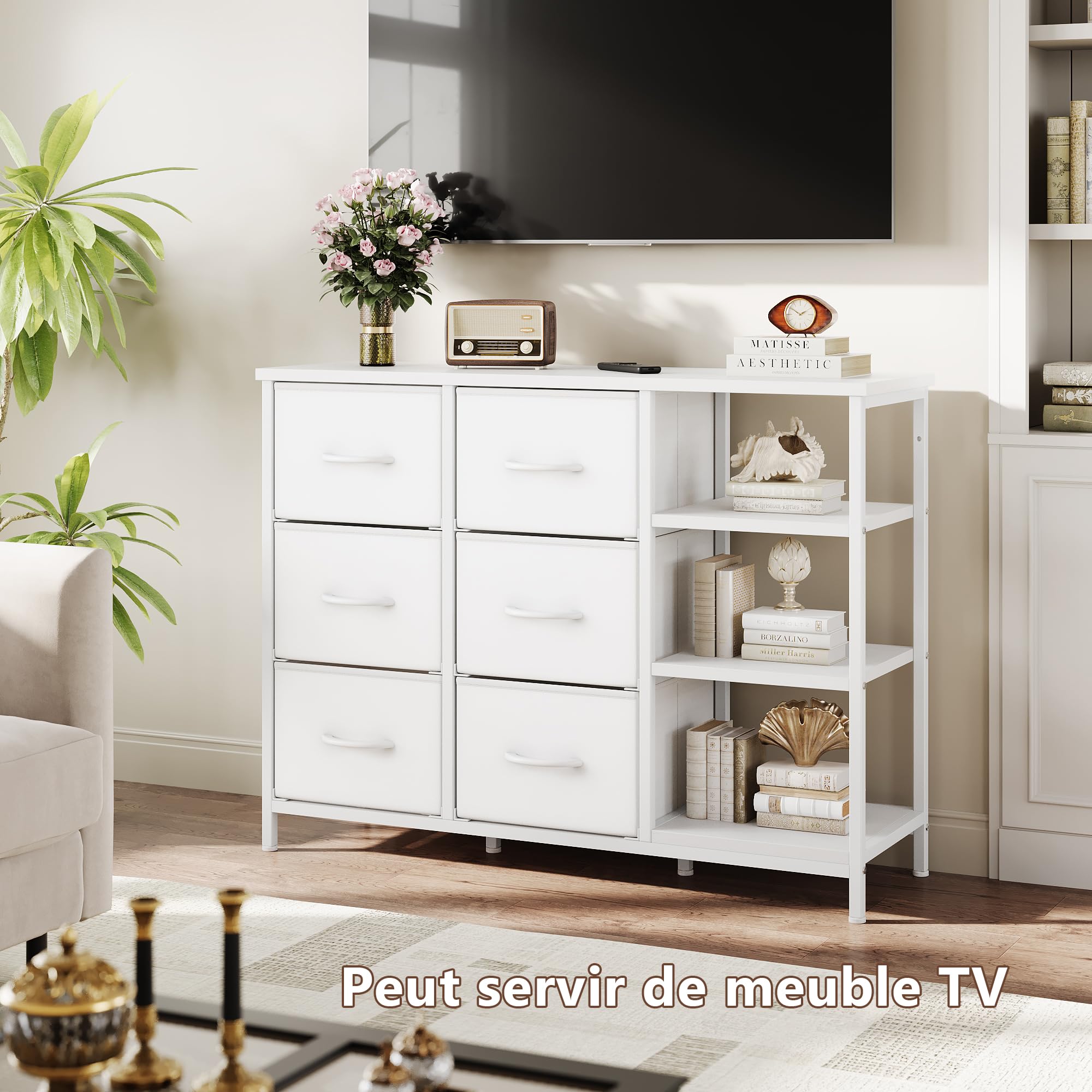 Feonase Commode à 6 tiroirs avec meuble de rangement ouvert, en tissu de style moderne, 100 x 30 x 76 cm, blanc