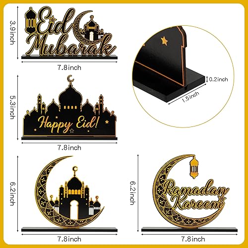 Miniatura 2 de WATINC Al-Fitr - 4 piezas de decoración de mesa de madera de Ramadán Kareem, decoración de mesa desmontable para fiesta de Happy Eid Mubarak,