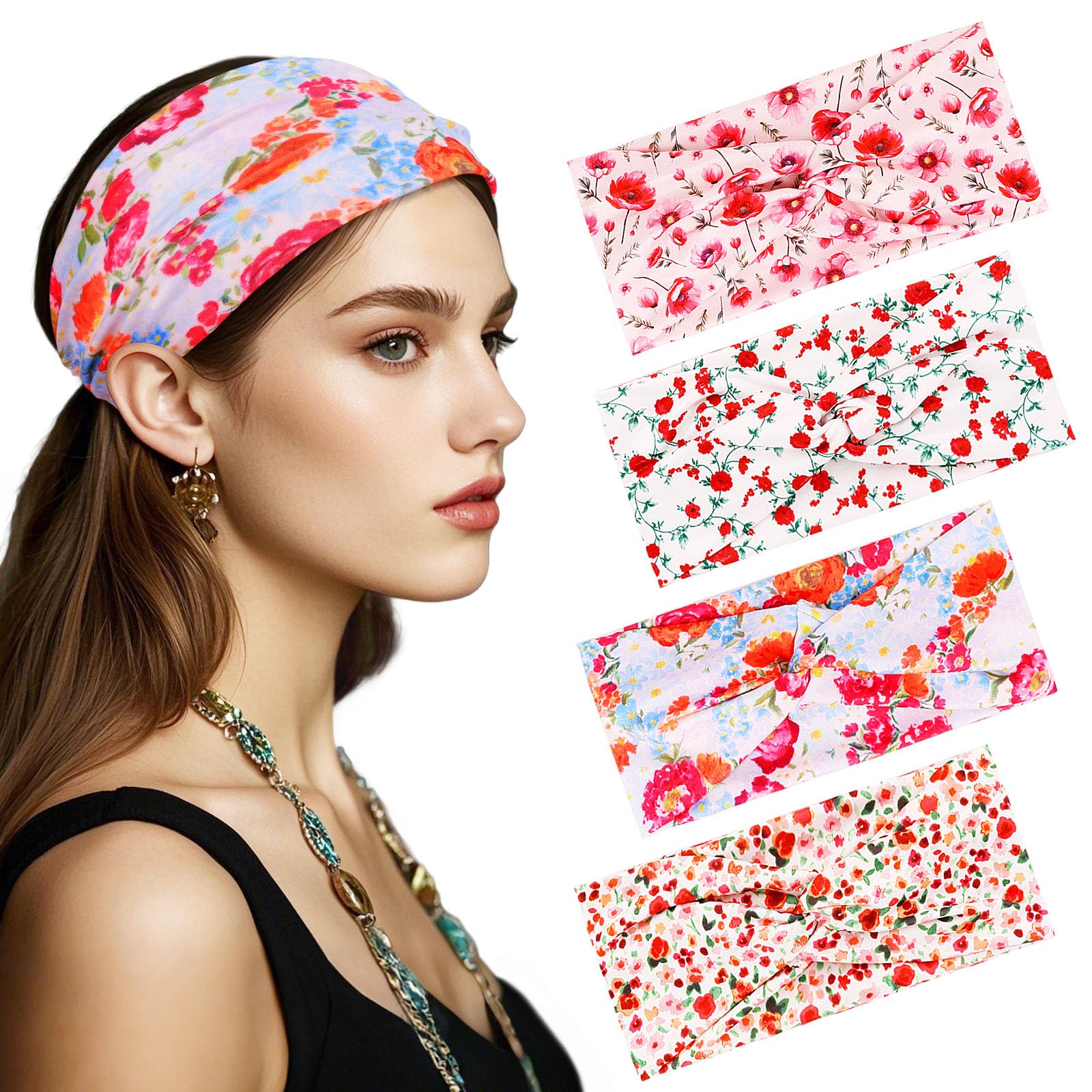 CURASA Boho Headbands for Women 4 PCS No Slip Headscarf Wide Knotted Head Bandanas Yoga Workout Elastic Head Wraps Floral Printed Head Band Decorative