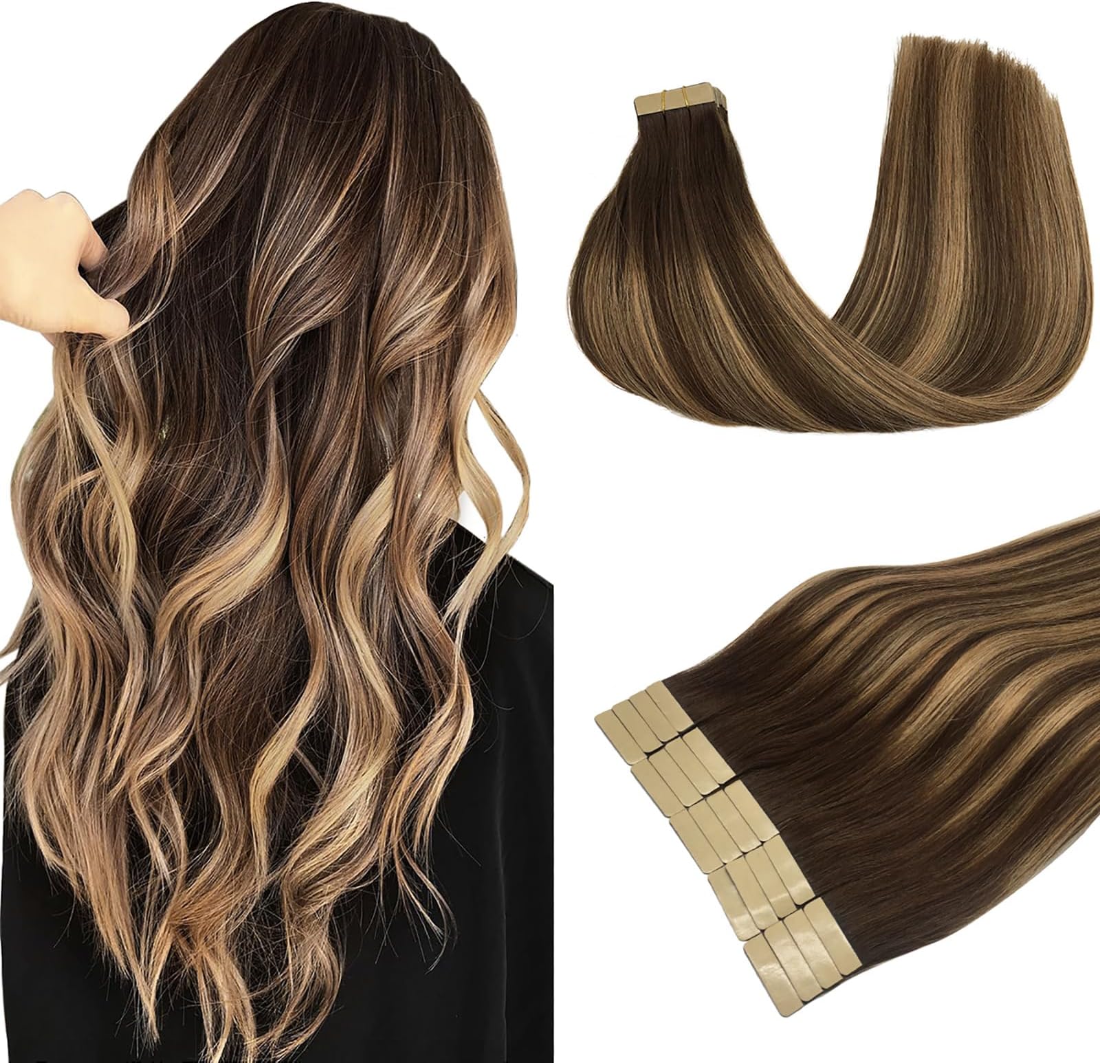 DOORES 20pcs Human Hair Balayage Chocolate Brown to Caramel Blonde Remy Silky Straight Hair Extensions Tape in Skin Weft Natural 50g 20 Inch