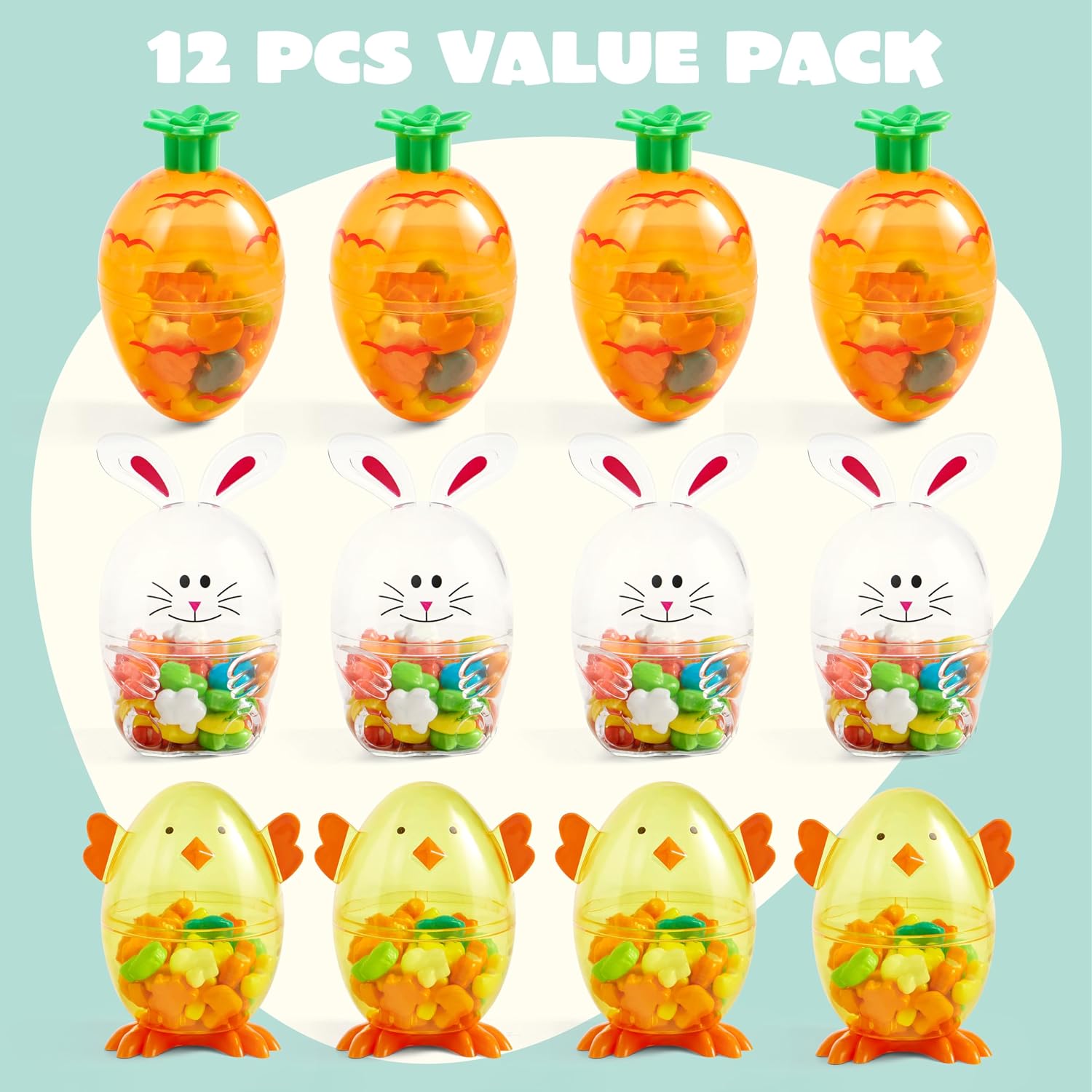 SYNCFUN 12pcs Easter Candy Filled Eggs Shell Carrot, Chick and Bunny Shaped, Includes Duck, Chick and Bunny Shaped Candies, Easter Basket Fillers, Easter Gifts for Kids, Easter Egg Hunt, Party Favors