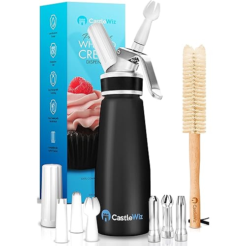 Whipped Cream Dispenser - Ultra Durable Leak-Free Grade 6 Aluminum Whipping Cream Dispenser - 6 Decorating Tips & 2 Cleaning Brushes - Pro Whipped Cream Maker - 500mL / 1 Pint Canister Cracker