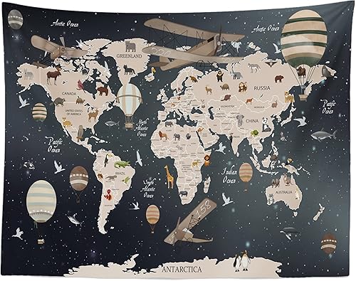 BELECO Tapiz de mapa del mundo para colgar en la pared, diseño de animales de dibujos animados, 60 x 40 pulgadas, diseño vintage de aviones