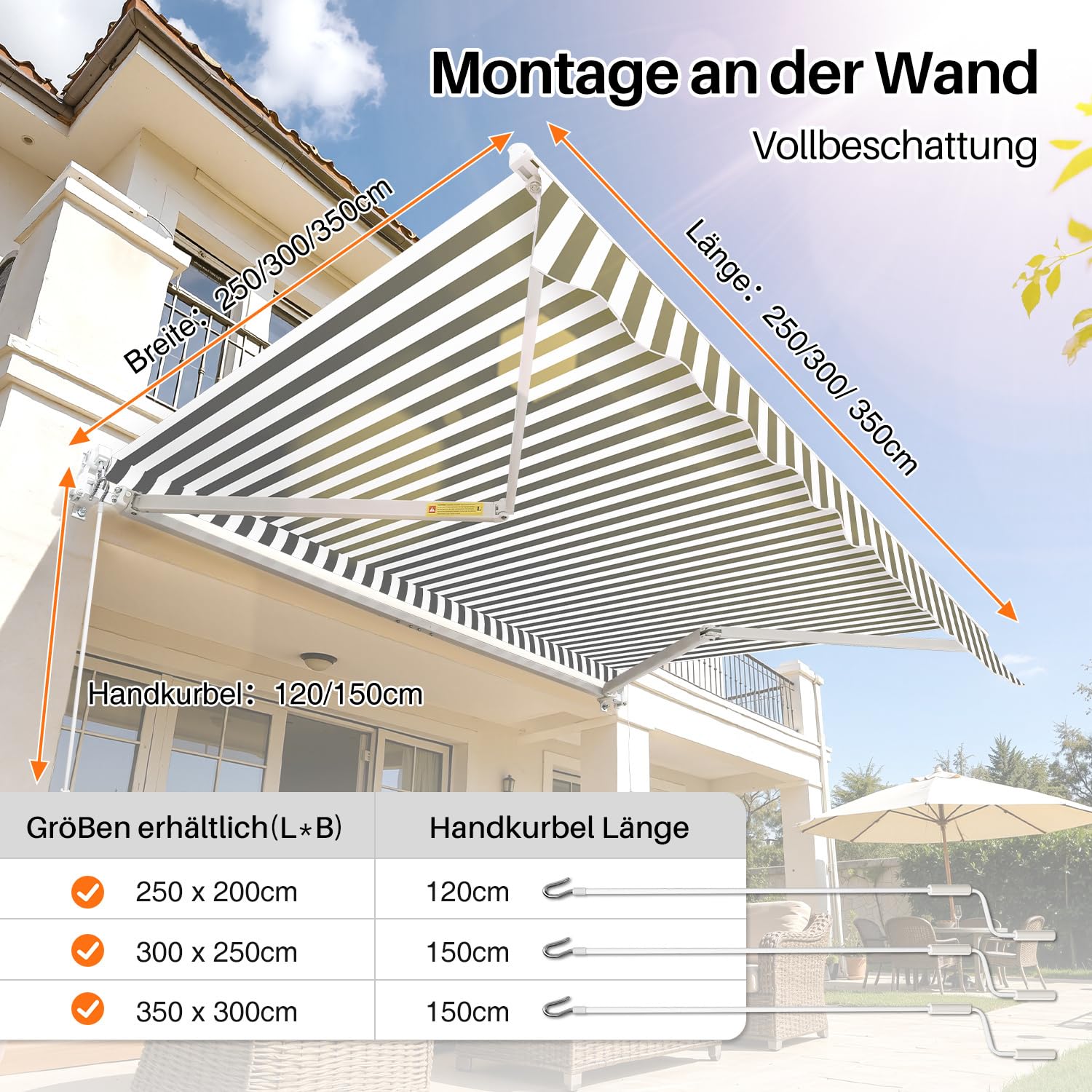 Store banne manuel à bras articulés, protection solaire avec manivelle, anti-UV et imperméable, en aluminium/polyester, pour balcon, terrasse, jardin, blanc/gris à rayures