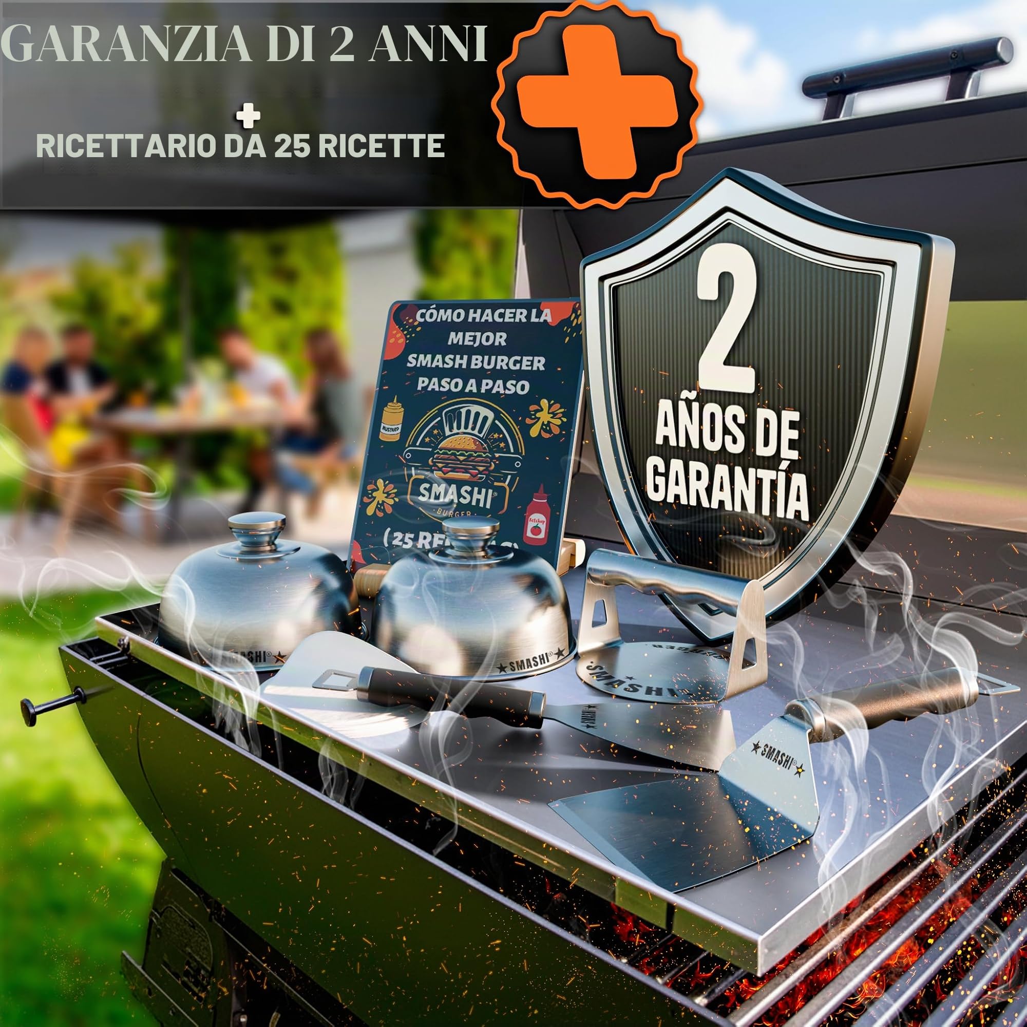 SMASHI® Kit Smash Burger Professionale con Manico Apribottiglie | Acciaio Inox 304 Certificato UE | Pressa Hamburger Antiaderente | Kit Smash Burger Completo (Professionell)