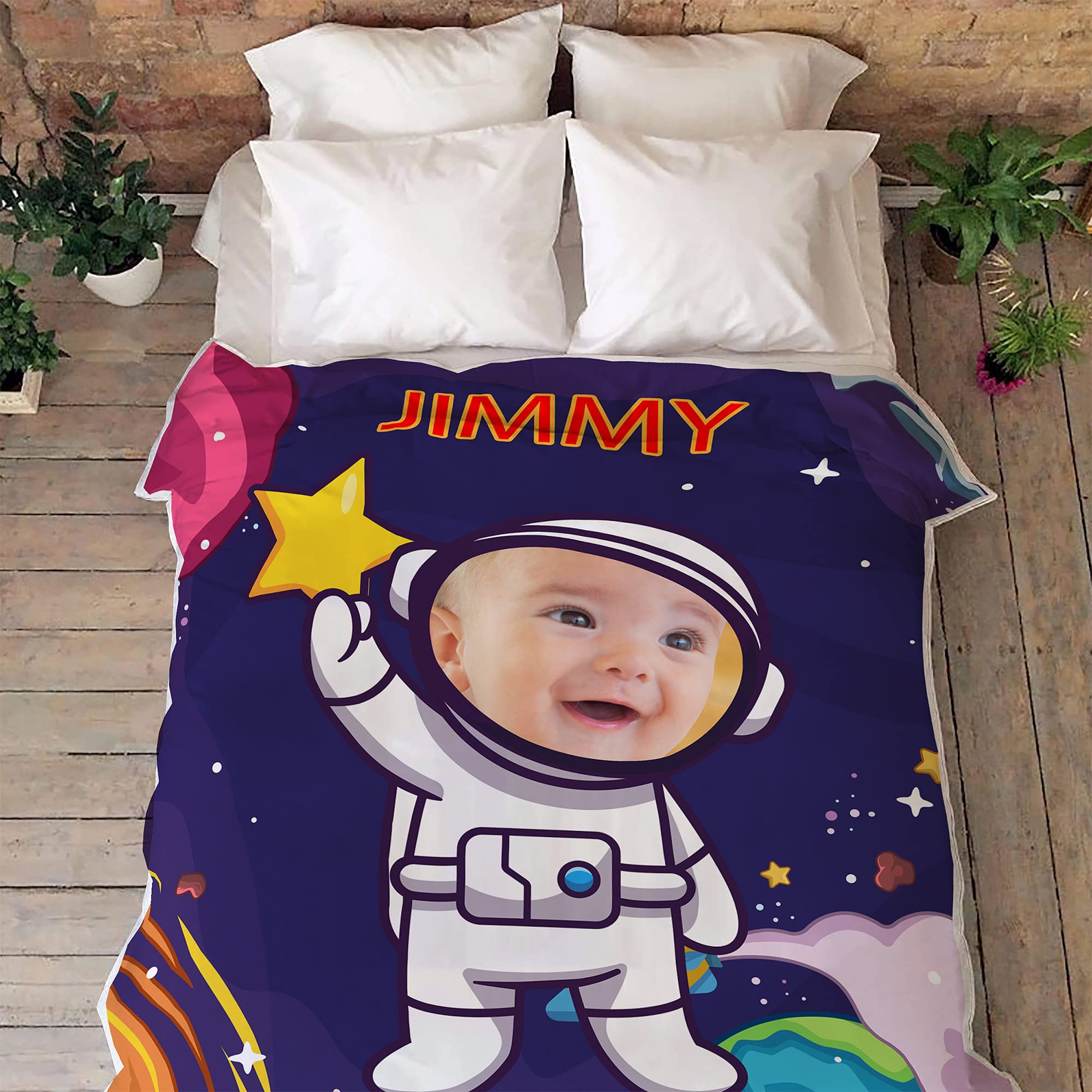Manta personalizada con nombre de foto para niños, manta de astronauta del espacio exterior, regalo para niños, manta de bebé y niño, manta de imagen personalizada, manta personalizada con nombre