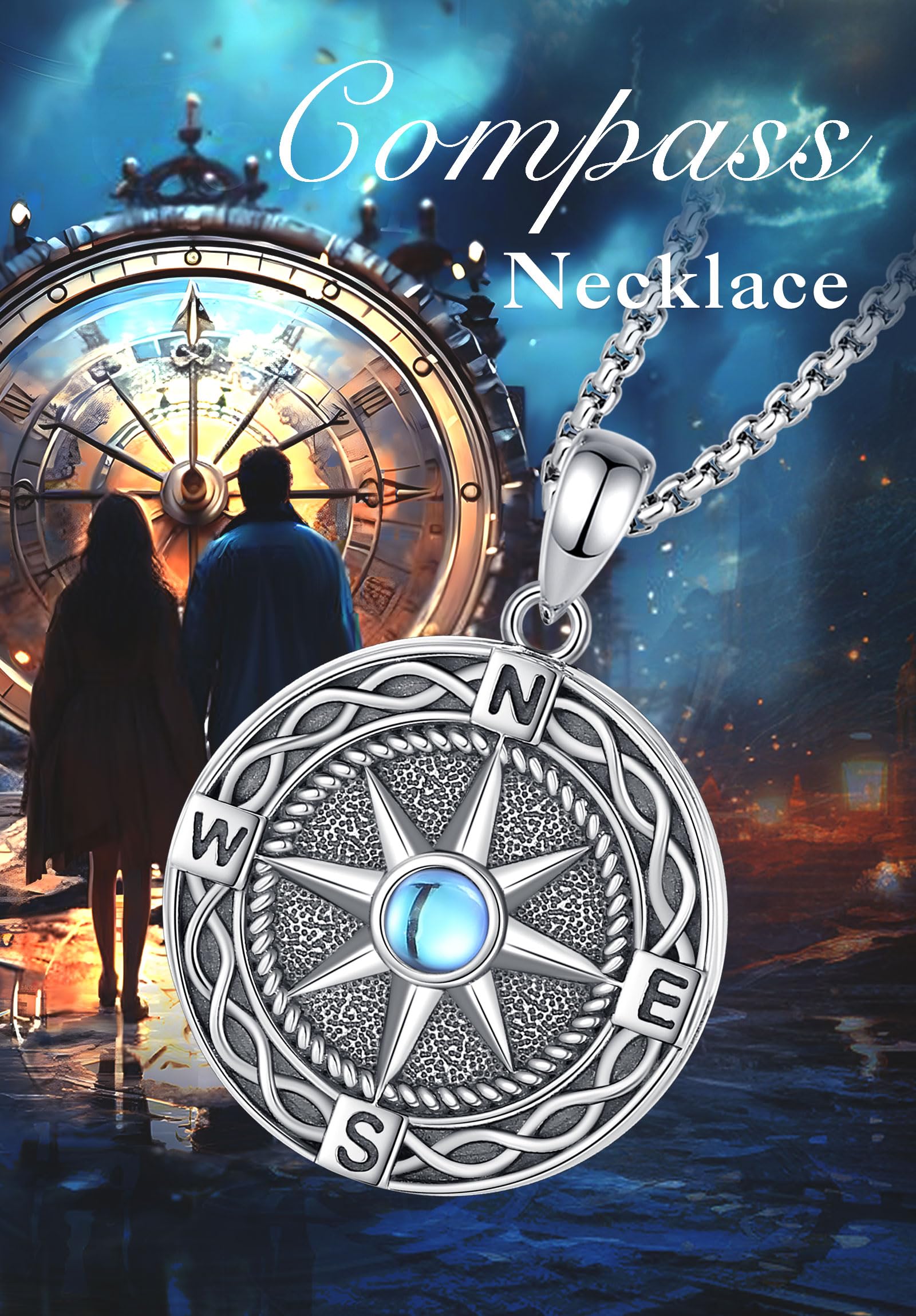 S925 Collana con Medaglione in Argento Sterling con Bussola per Donna, Ciondolo con Urna con Bussola Personalizzata Foto in Pietra di Luna Gioielli Regalo di Compleanno, 20+2"