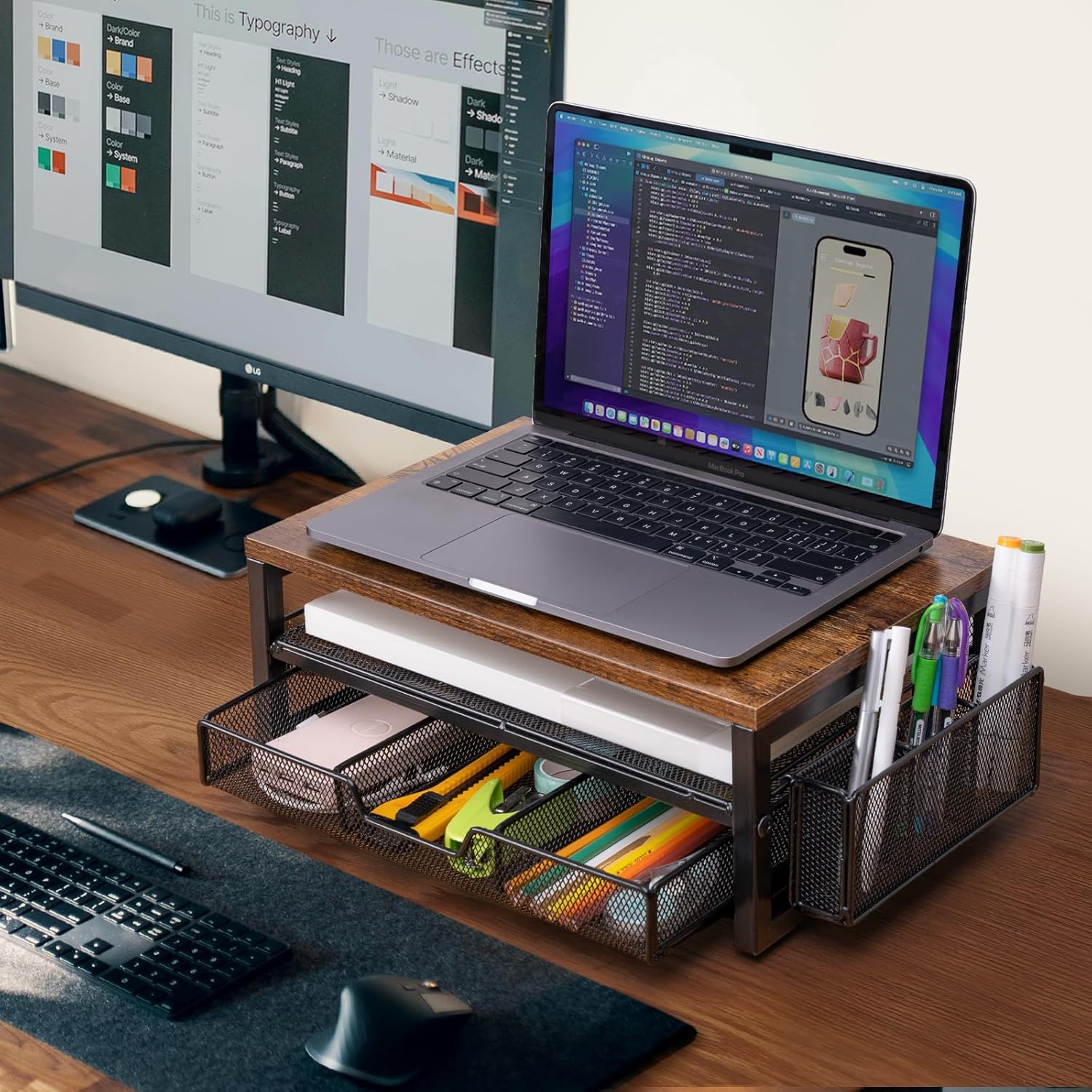 ARCOBIS Monitor Riser with Drawers and Pen Holders, Wood & Mesh Metal Computer Monitor Stand with Storage for Desk, Rustic Brown