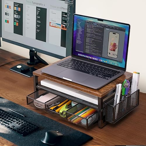 Miniatura 4 de ARCOBIS Elevador de monitor con cajones y soportes para bolígrafos, soporte para monitor de computadora de metal de madera y malla