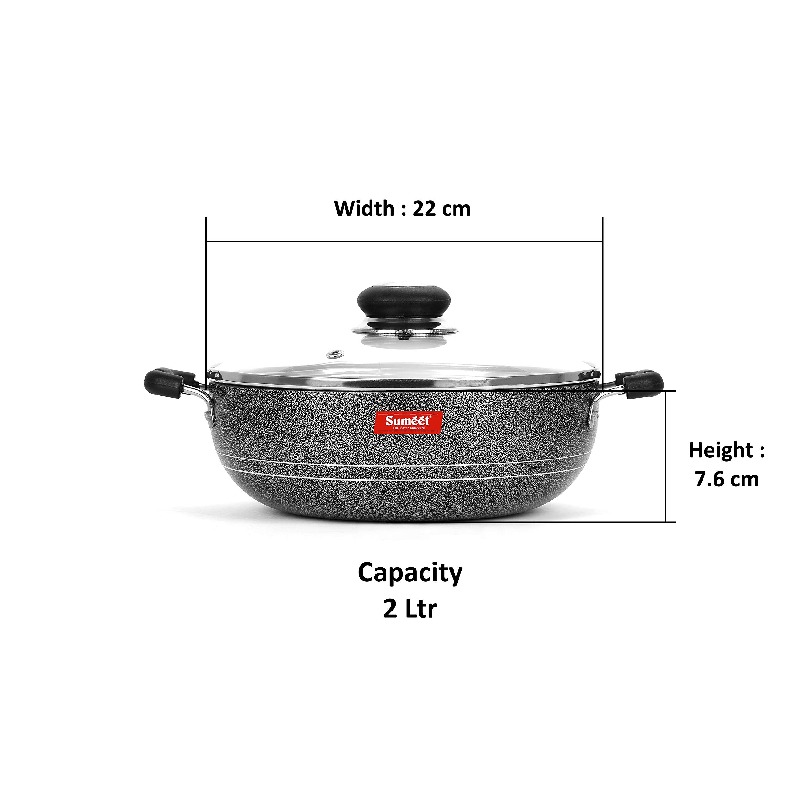 Summet 2.6mm Non Stick Glasso Deep Kadhai with Glass Lid - 2 Ltr - 22cm Dia (Silver) 2