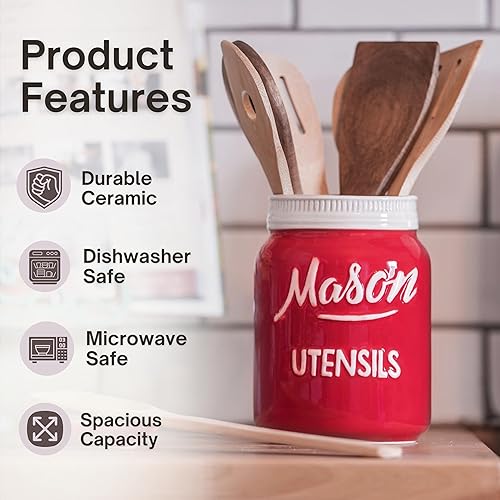 Miniatura 3 de Soporte para utensilios de cocina con tarro de masón rojo para encimera de cocina, cerámica rústica para cucharas, espátulas y herramientas