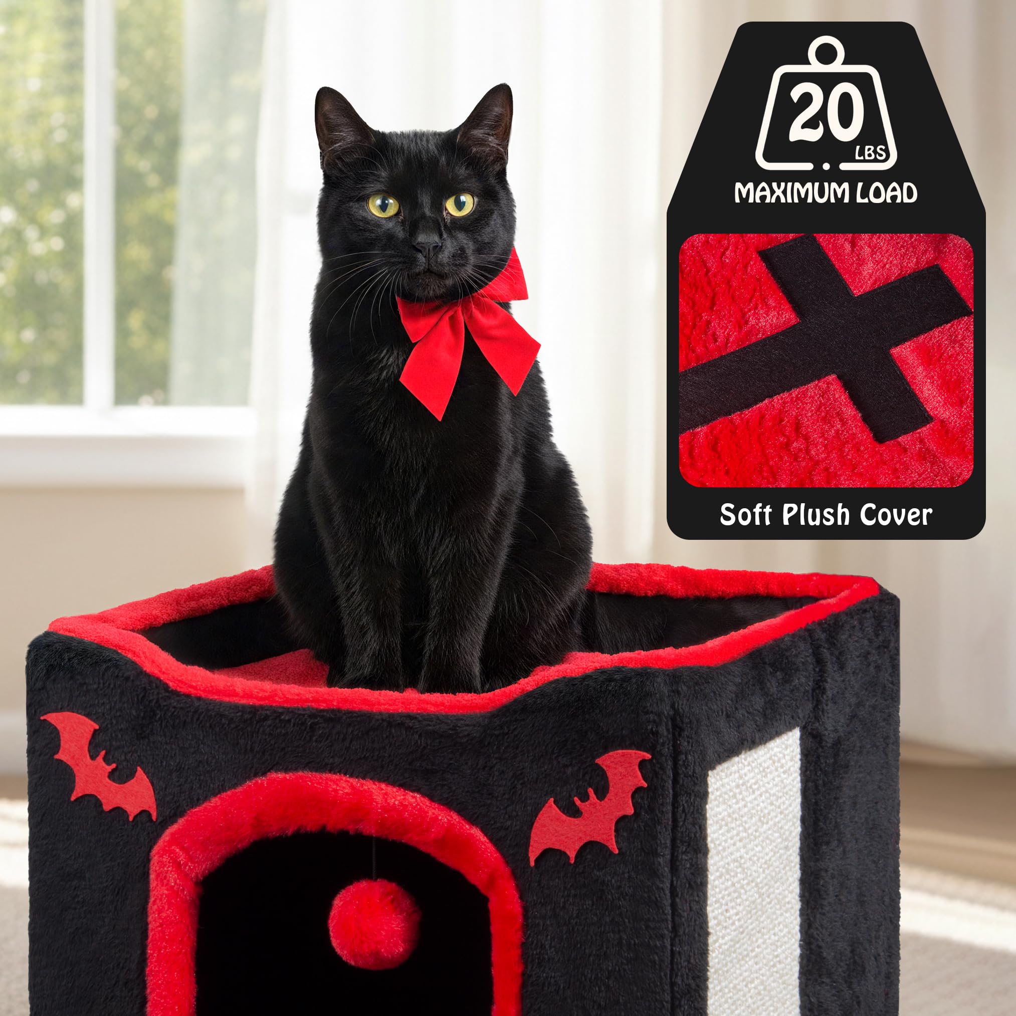 Cama gótica para gatos de interior, casa cueva de ataúd con almohadilla para rascar y juguete de bola esponjosa, cubo escondite plegable de Halloween, cama para mascotas para gatitos y gatos