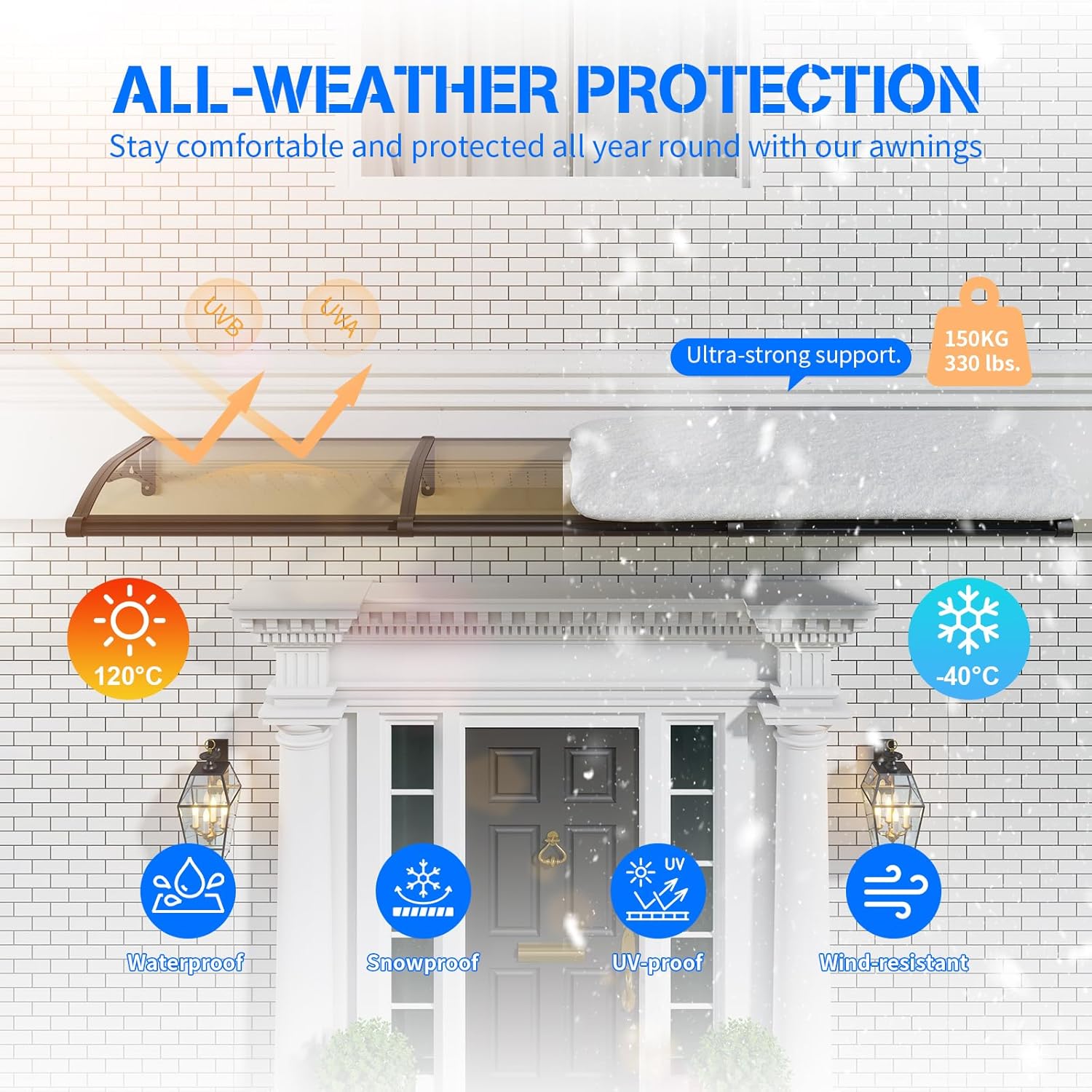 Awning for Door Entrance,40x40 Inch Awnings for Doors with Drainage Sink,Window Canopy Exterior with Aluminum Alloy Bracket,Solid Polycarbonate Cover,UV,Rain,Snow Protection for House,Porch,Patio,Deck