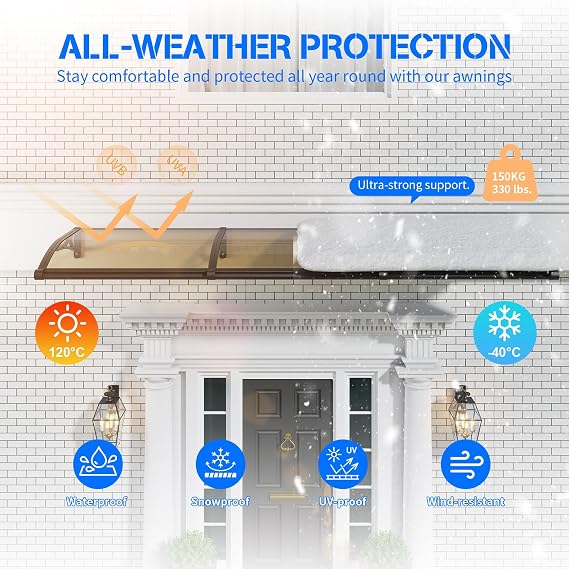 Door Canopy Outdoor Awning with Drainage,100x80cm Rain Shelter Awnings for Patios,Porch,Window Canopies with Aluminium Bracket,Solid Polycarbonate Sheet UV,Snow Protection