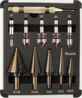 Rocaris Titanium Coated 5-Pack Step Drill Bits + 5-Pack Countersink Set, 50 Sizes for Metal Wood DIY, Aluminum Case
