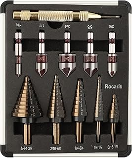 Rocaris 5 Pack Step Drill Bit & 5 Pack Countersink Drill Bit Set, Titanium Coated, 50 Sizes of Step Bit for Metal with Aluminum Case, Multiple Hole Stepped Up Bits for DIY