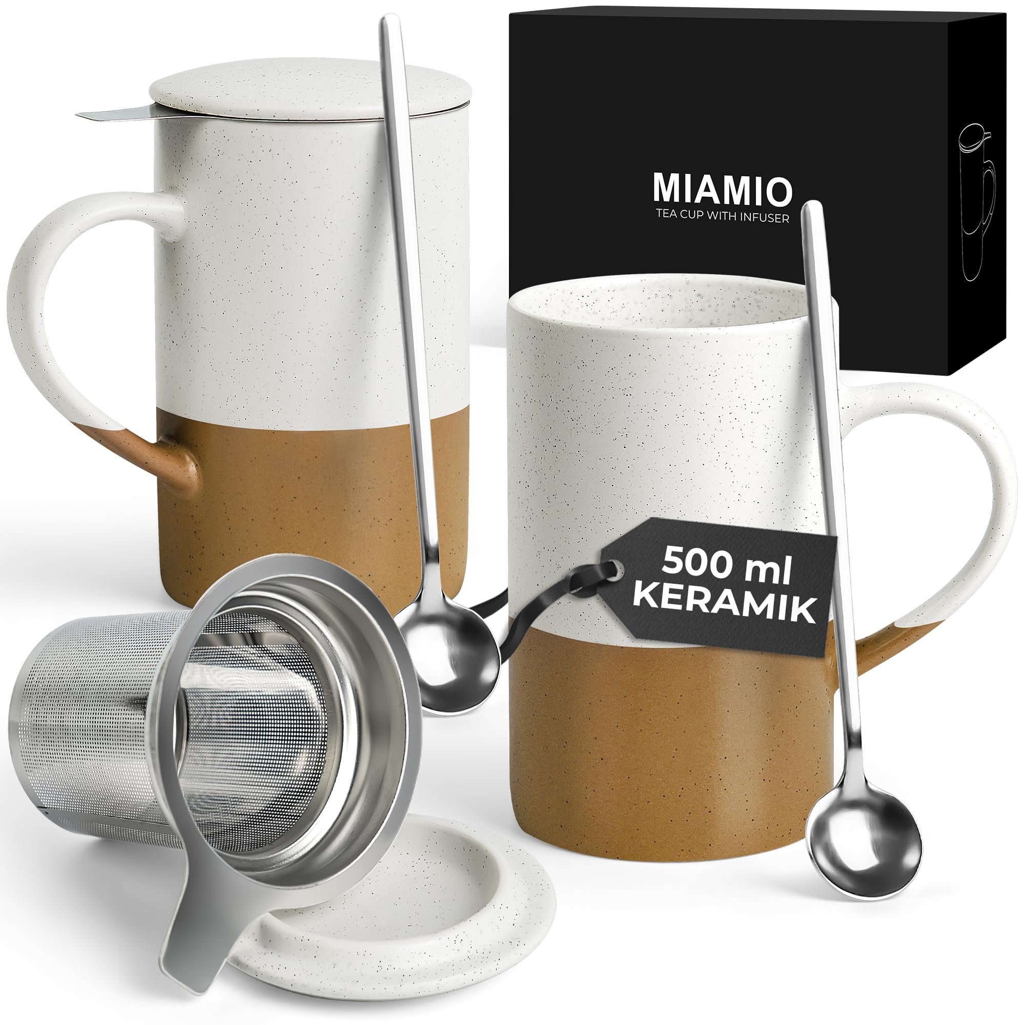 MIAMIO Tee Tassen Set – 2x 500 ml, Deckel, Sieb und Teelöffel, Keramik, Braun