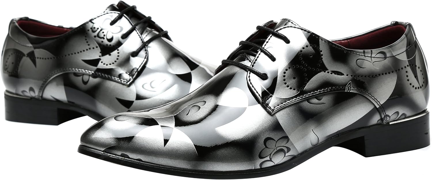 Men Fashion Shoes Dress Pointed Toe Floral Patent Leather Lace Up Oxford Black Brown Red Grey