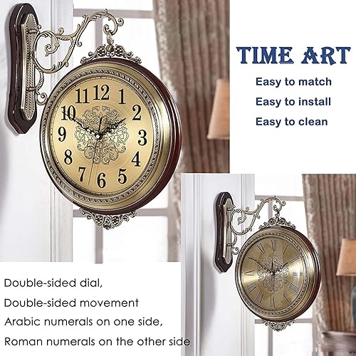 Miniatura 5 de Reloj de pared grande de doble cara, estilo europeo de aleación de doble cara, reloj de pared de metal giratorio de 360°, reloj silencioso para