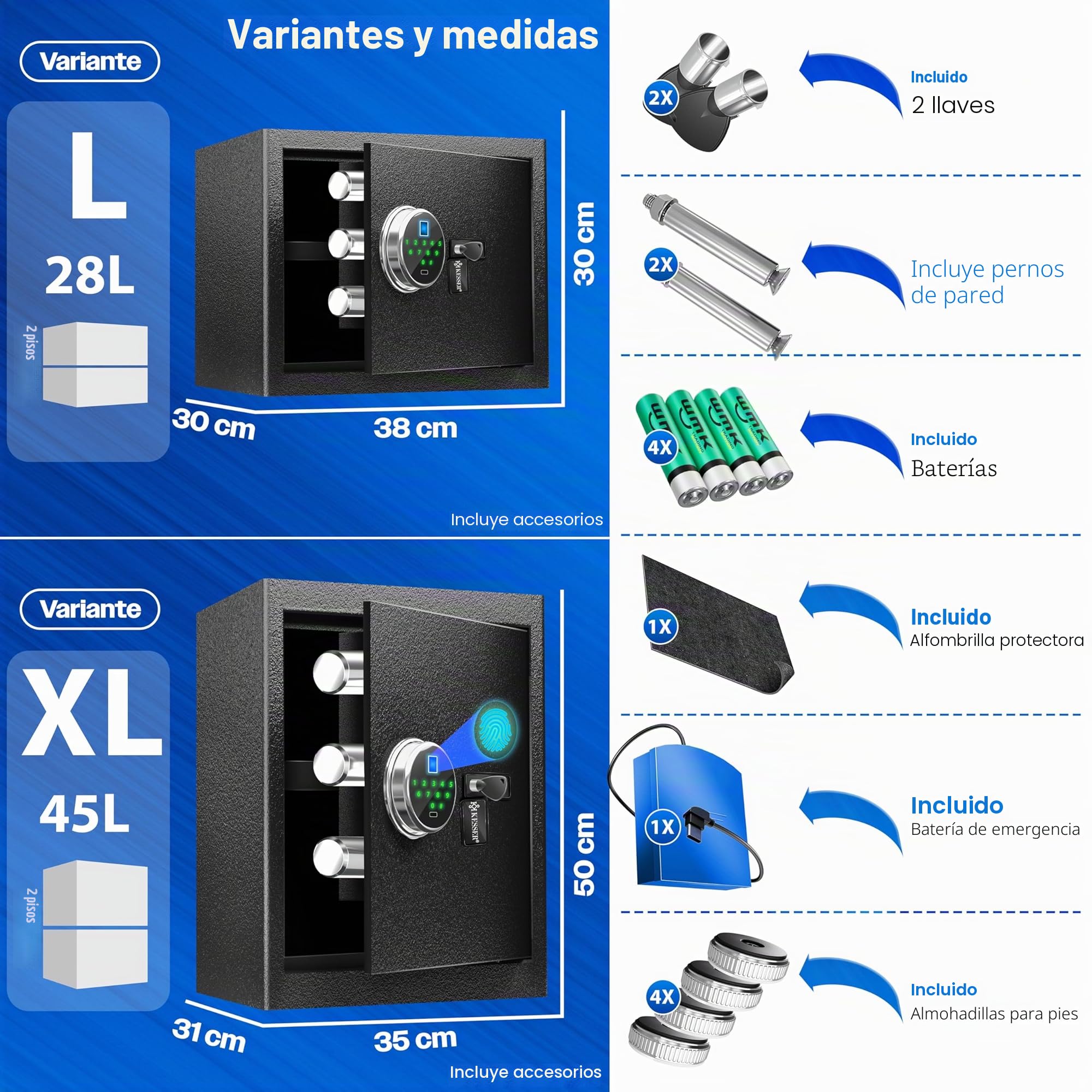 KESSER Caja fuerte eléctrica con huella dactilar y llave XL batería emergencia 3 doble perno pared suelo muebles
