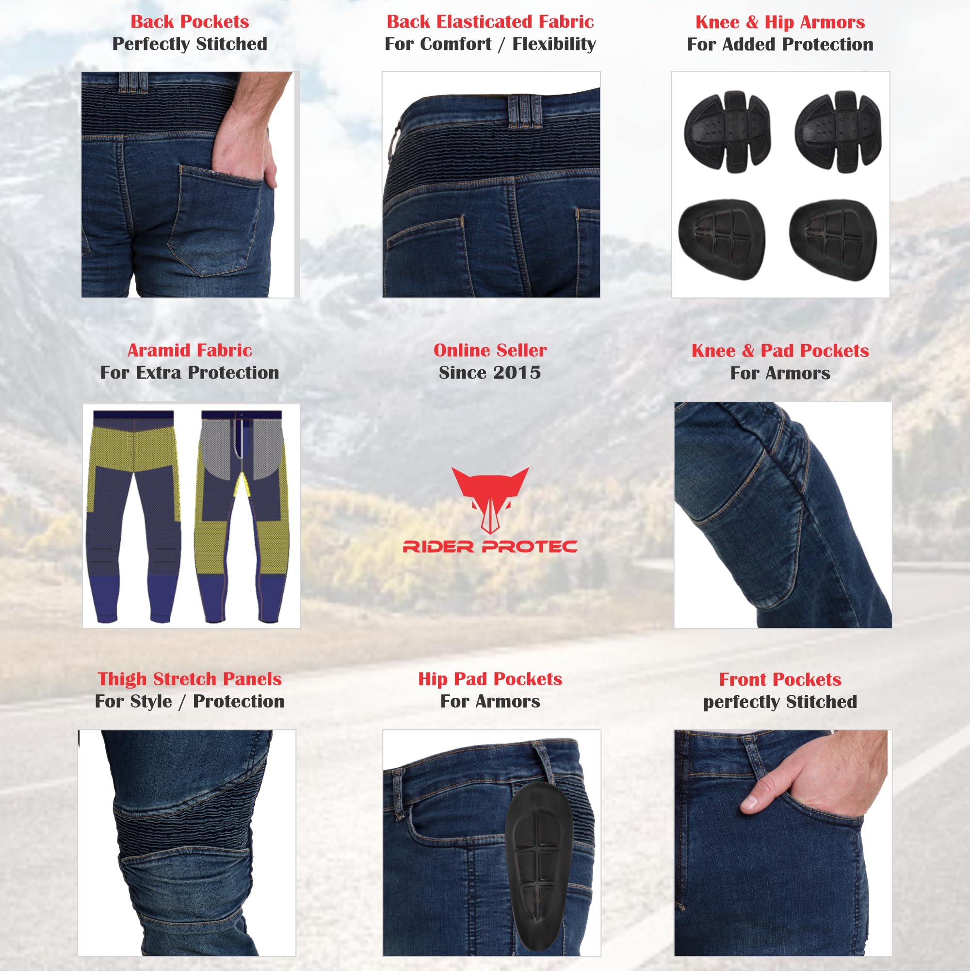 Rider Protec® Men's Motorcycle Jeans Aramid Protective Linning Motorbike Denim Jeans Riding Pants with Removable Armour Biker Trousers for Men — view 7