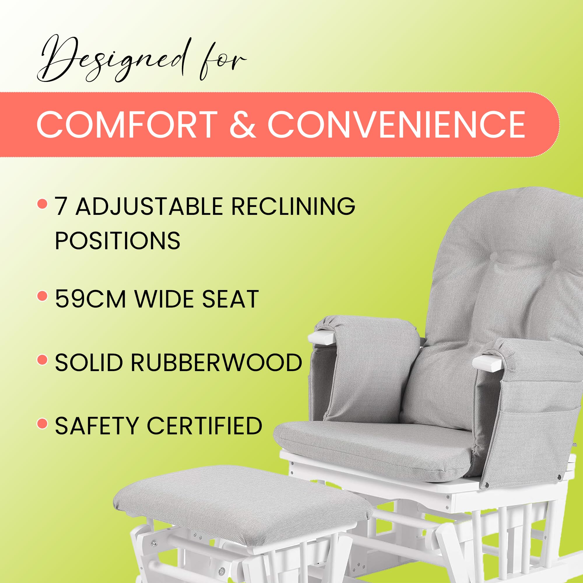 KUB Haywood Chaise d'allaitement inclinable avec Repose-Pieds – 7 Positions, Poches de Rangement, Sécurité certifiée
