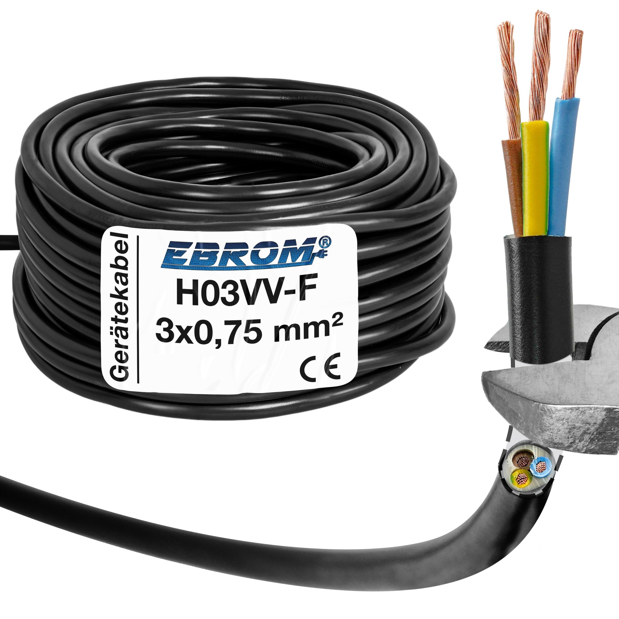EBROM Cable de plástico redondo, cable, cable eléctrico, conductor, cable para dispositivo H03VV-F 3 x 0,75 mm². Color: negro, varias longitudes por paso de 5 metros hasta 200 metros - 3G0,75 mm2