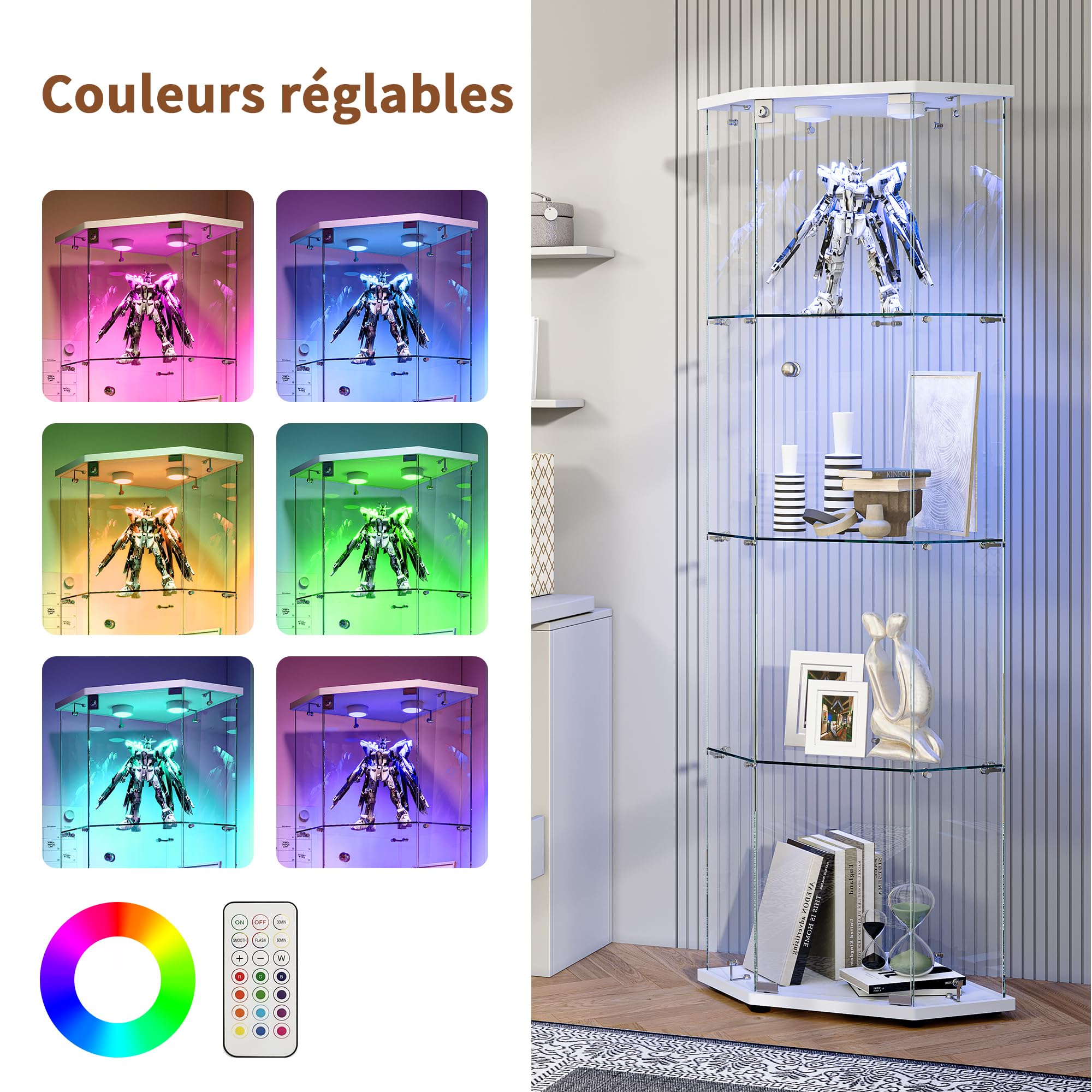 Vitrina de Cristal led, 162x60x40 cm vitrina Expositora de Vidrio con Cerradura LED y Puerta 4 Estantes VitrinaExpositora de Esquina Vitrina Transparente Grande vitrina de Colección para Salón Bar