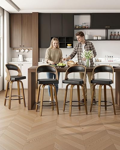 Miniatura 7 de SUNCOZE Juego de 2 taburetes de bar de 26 pulgadas de altura de mostrador con respaldo, modernos taburetes de bar giratorios con asiento de piel