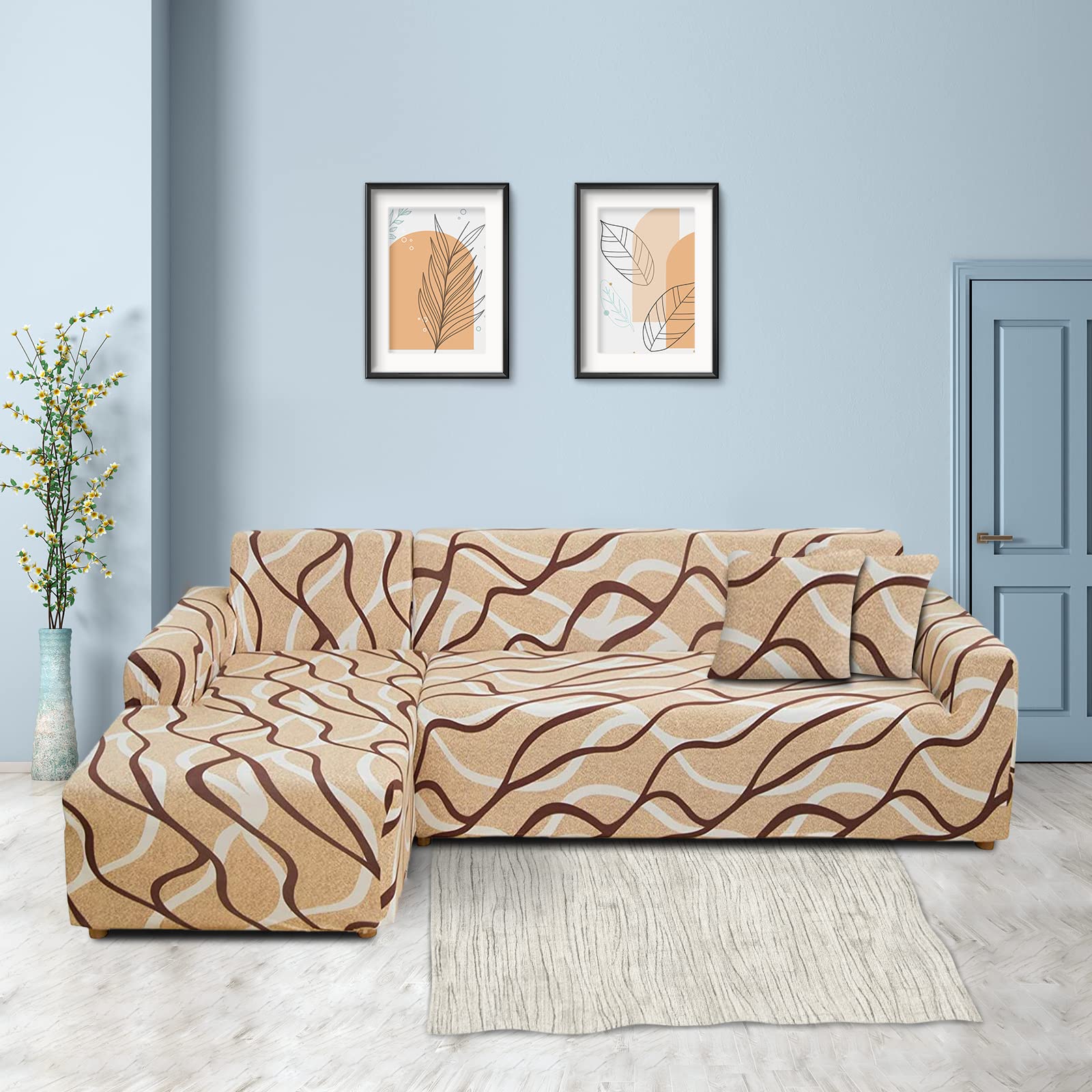 Lydevo Copridivano con Penisola Elasticizzato,Copridivano Angolare a Sinistra/Destra Universale con 2 Federi,Fodere Divano Penisola Forma di L,Chaise Longue Sofa Cover(2 Posto+2 Posti,Linee di Caffè)