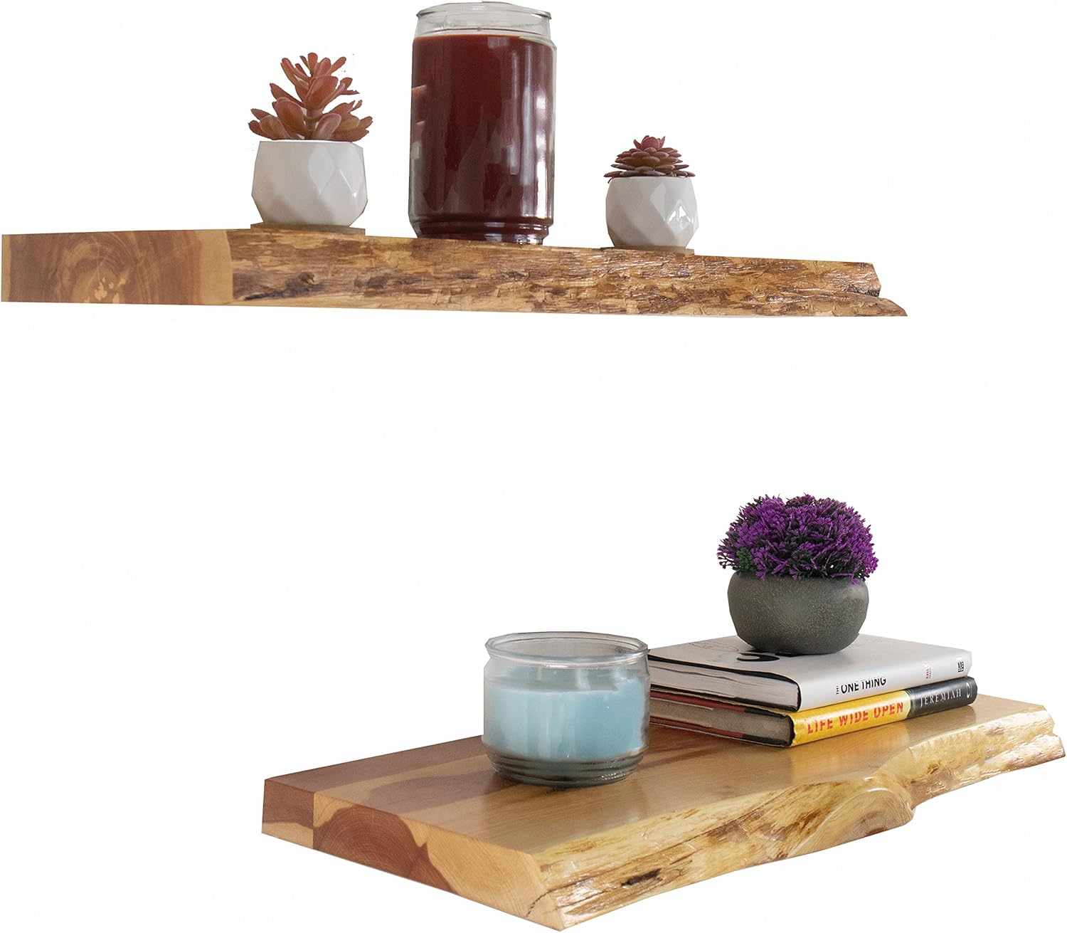 VINTAYARD Rustic Wood Floating Shelves, Live Edge Wooden Shelf for Farmhouse Wall Decor, Set of 2 Shelves with Solid Steel-Coated Hidden Brackets, Hand Finished and Sealed (Cedar, 24 inches Long)