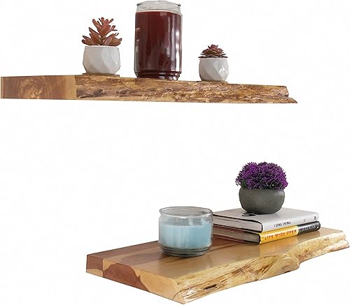 VINTAYARD Estantes flotantes de madera rústica, estante de madera con borde vivo para decoración de pared de granja, juego de 2 estantes con