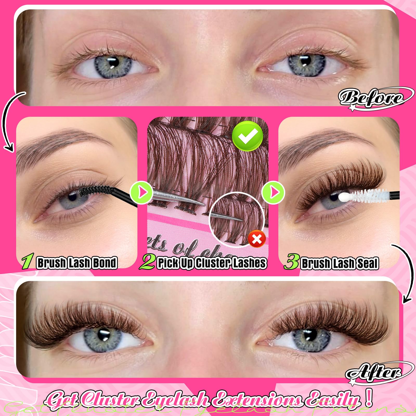 Brown Cluster Lashes Kit Fluffy Eyelashes Individual Kit D Curl Lashes Individual Cluster 10-18MM with Lash Bond and Seal Lash Tweezers Eyelash Extension Kit 50D+70D Brown Lash Cluster Kit DIY at Home - Image 4