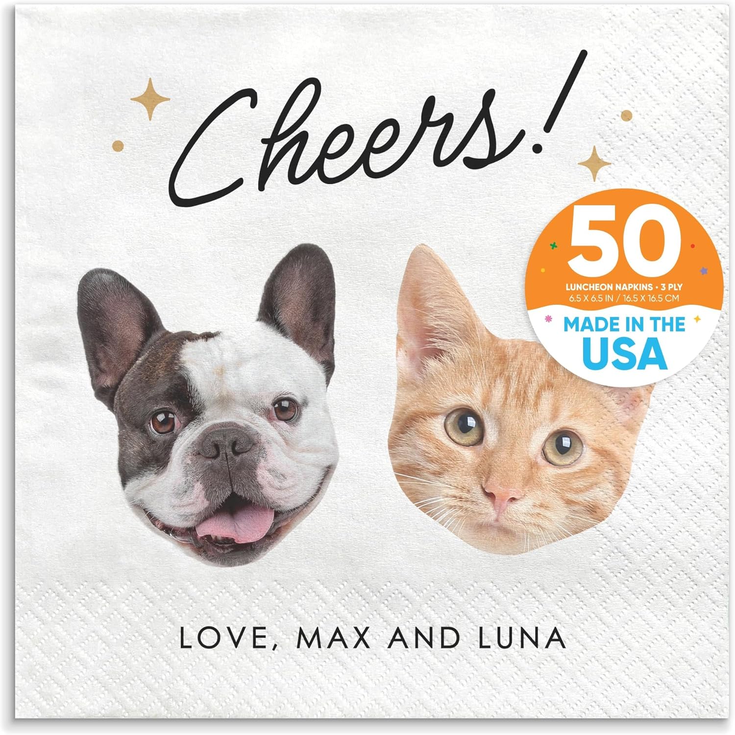 Big Dot of Happiness Custom Photo Cheers - Two Pets Wedding Napkins, Personalized Cat or Dog Wedding Party Decor, White 3-Ply Paper Beverage Napkins - 50 Count