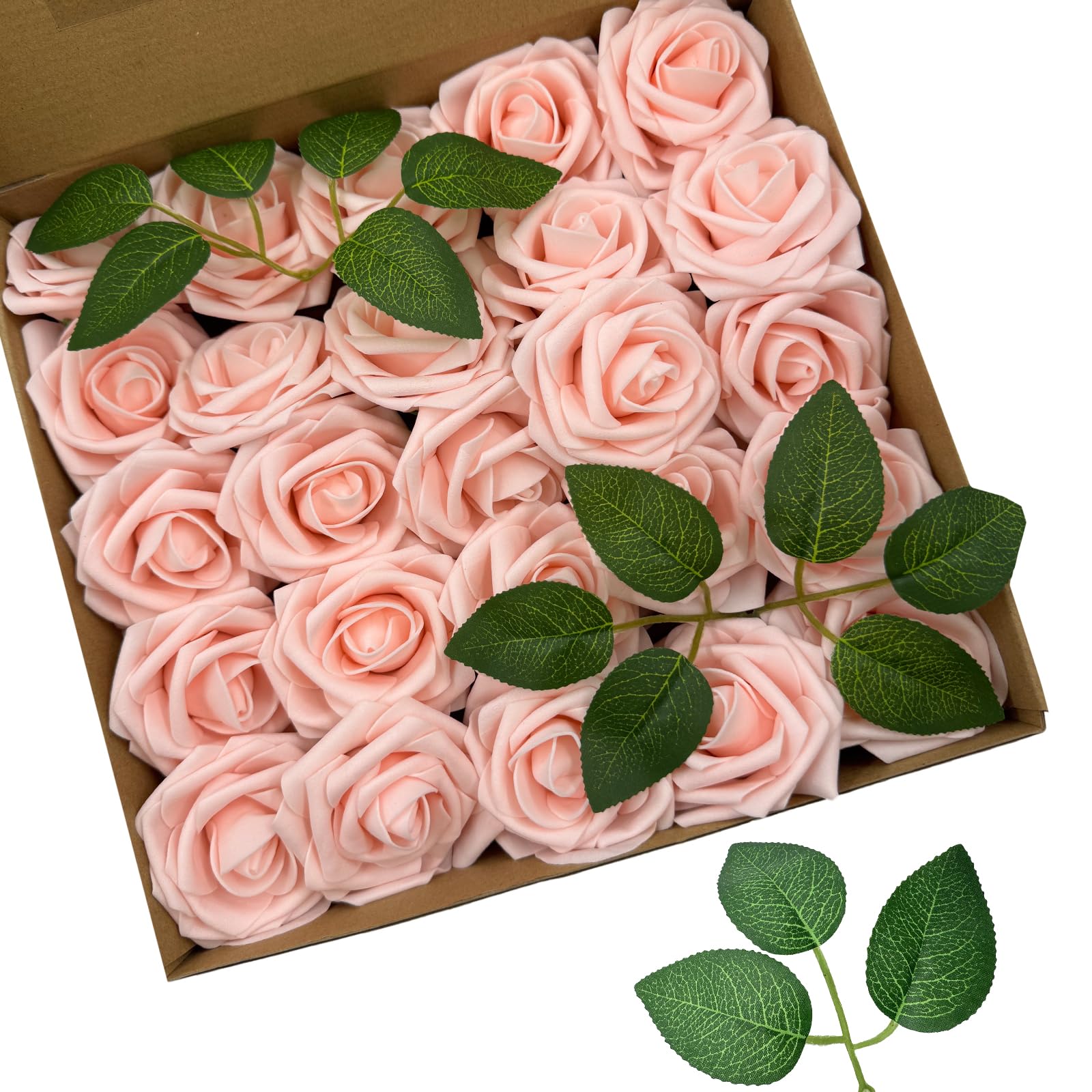 BOVUN 25Pcs Pink Artificial Roses with Flexible Stems, Real-Touch Foam Flowers for DIY Wedding Bouquets, Bridal Centrepieces, Parties and Home Decoration