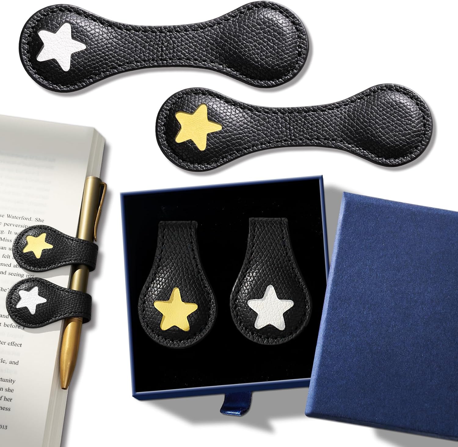 Ovesmusl 2Pcs PU Leather Star Magnetic Bookmarks with Pen Holder